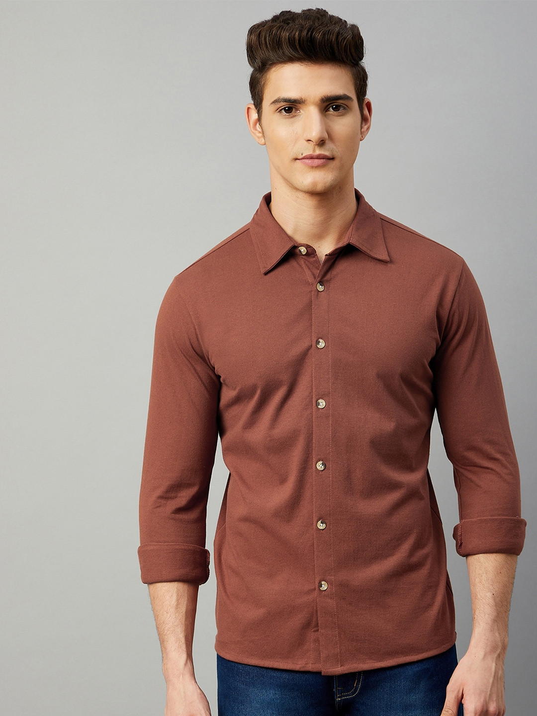 

GRITSTONES Men Comfort Knitted Casual Shirt, Brown