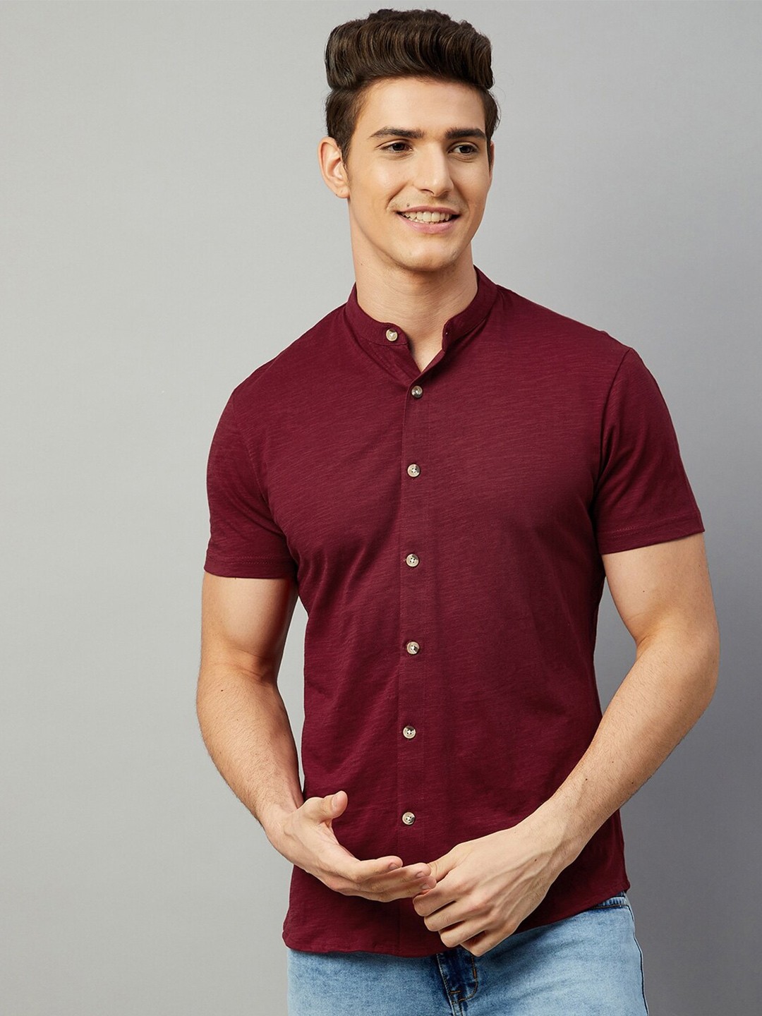 

GRITSTONES Men Short Sleeves Comfort Knitted Casual Shirt, Maroon