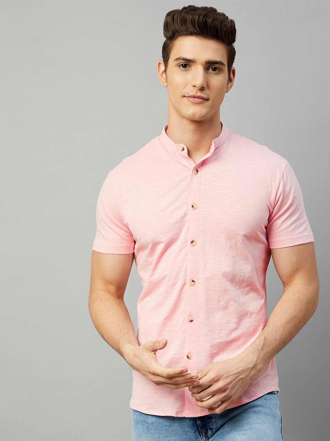 

GRITSTONES Men Short Sleeves Comfort Knitted Casual Shirt, Pink