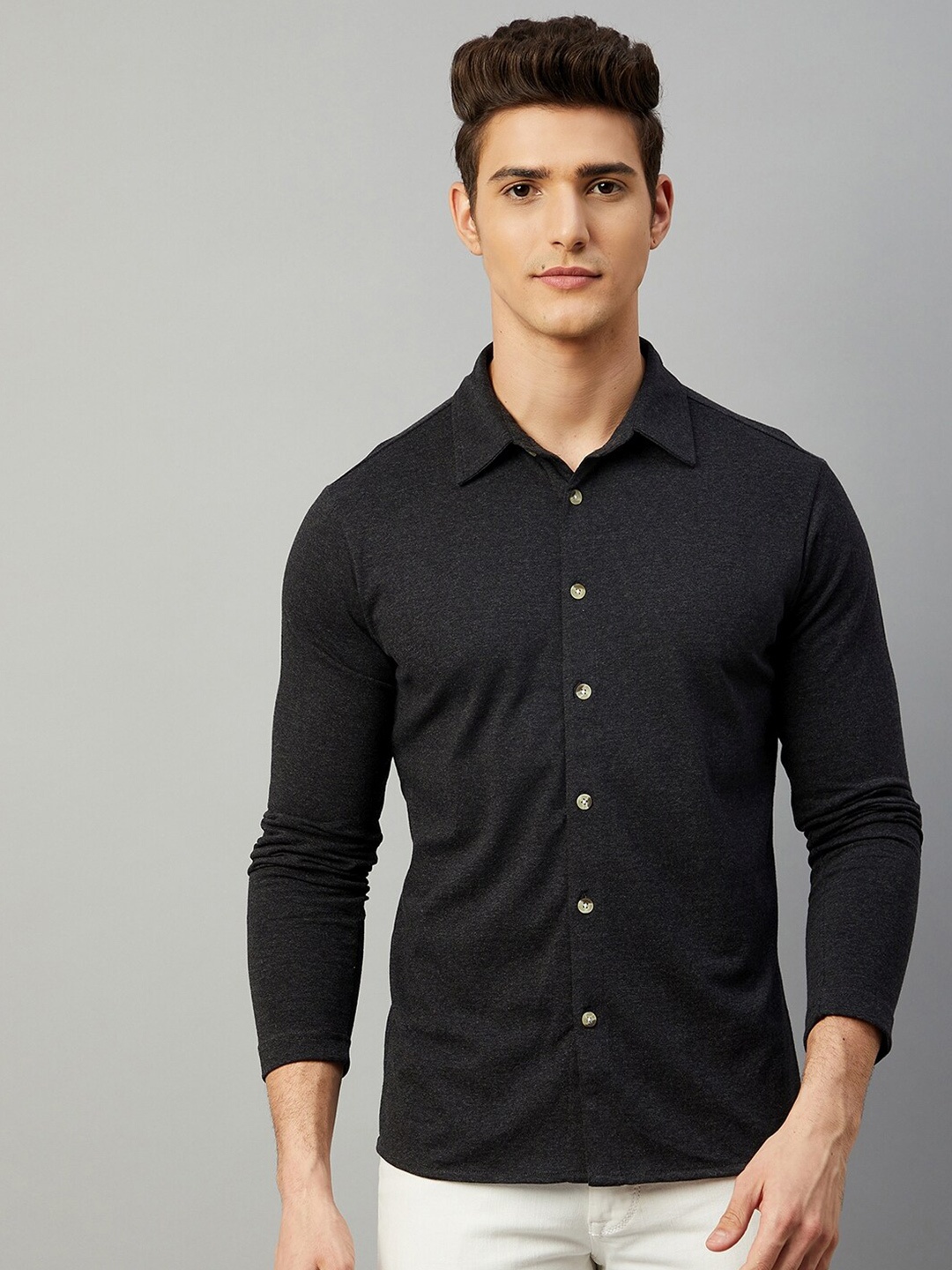 

GRITSTONES Men Comfort Knitted Casual Shirt, Charcoal
