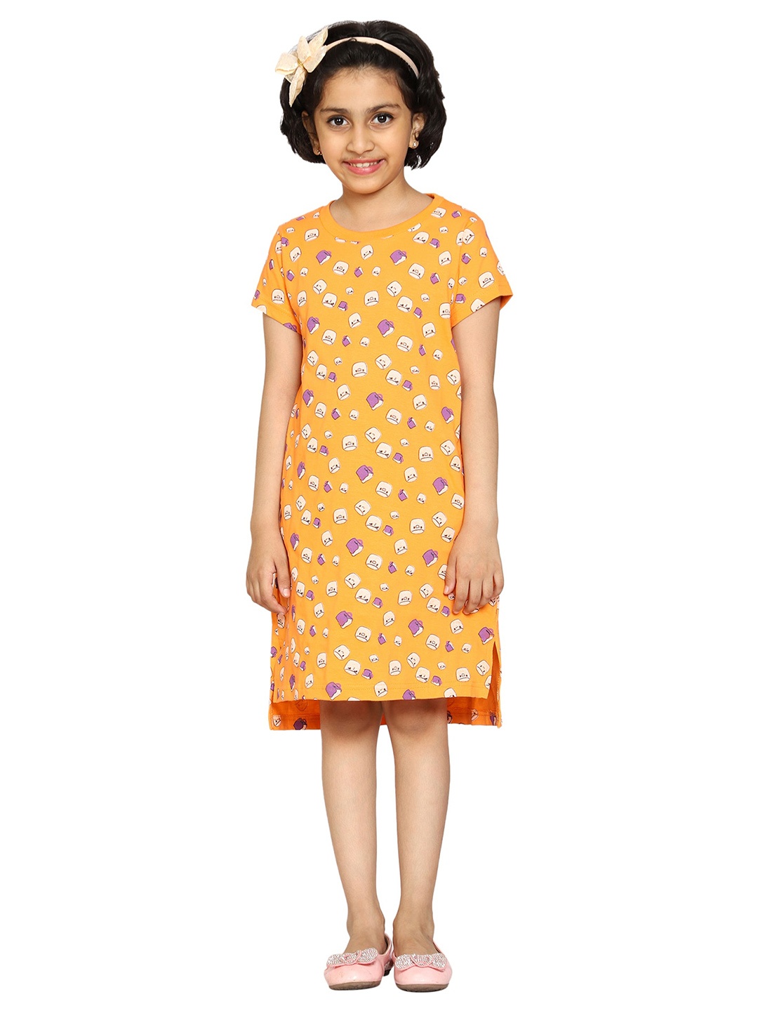 

KiddoPanti Girls Conversational Printed Pure Cotton Nightdress, Orange