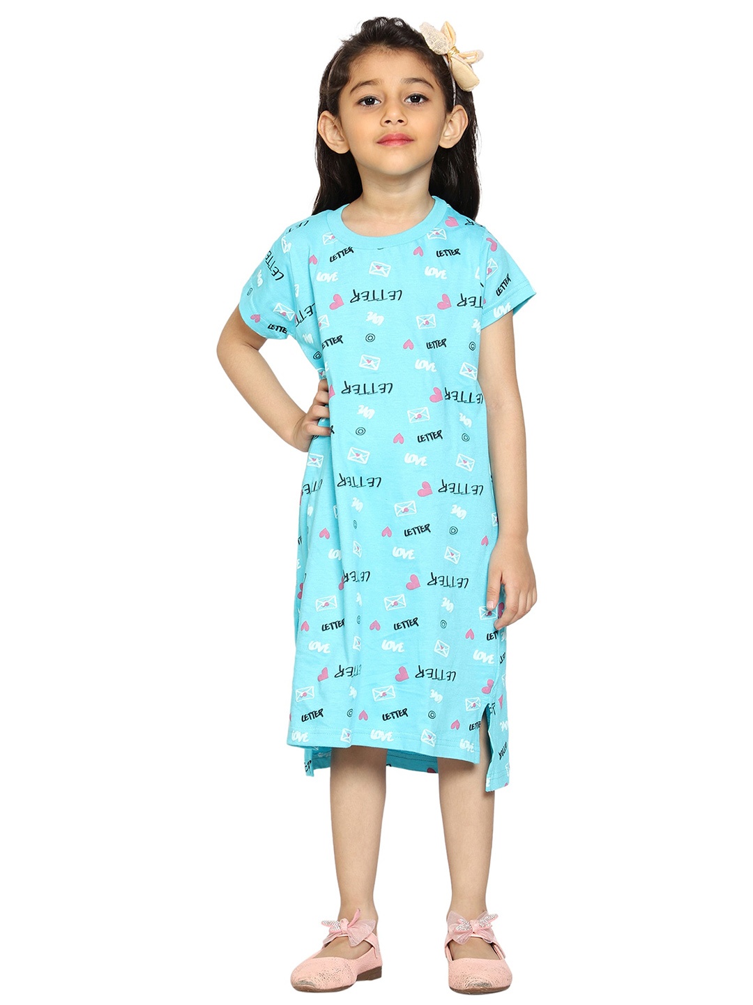 

KiddoPanti Girls Conversational Printed Pure Cotton Nightdress, Blue