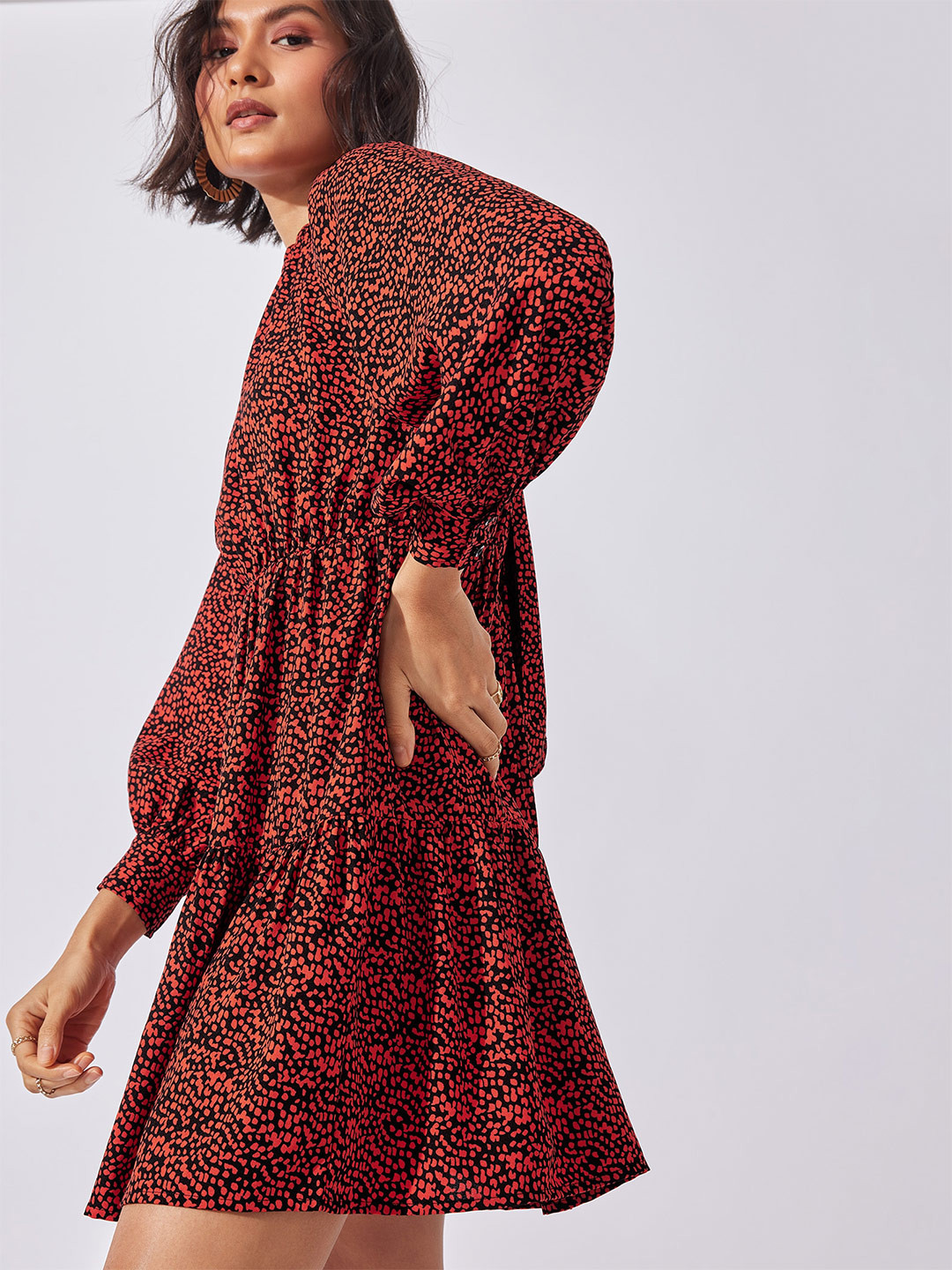 

The Label Life Printed Mock Neck Cuff Sleeve A-Line Tiered Dress, Orange