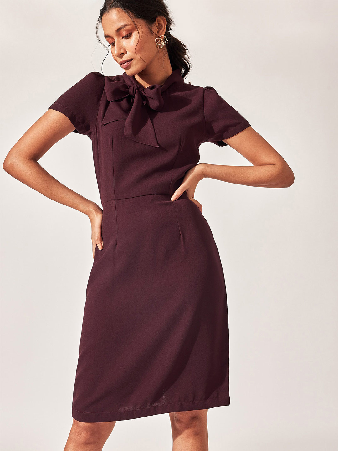 

The Label Life Tie-Up Neck Puff Sleeve A-Line Cotton Dress, Brown