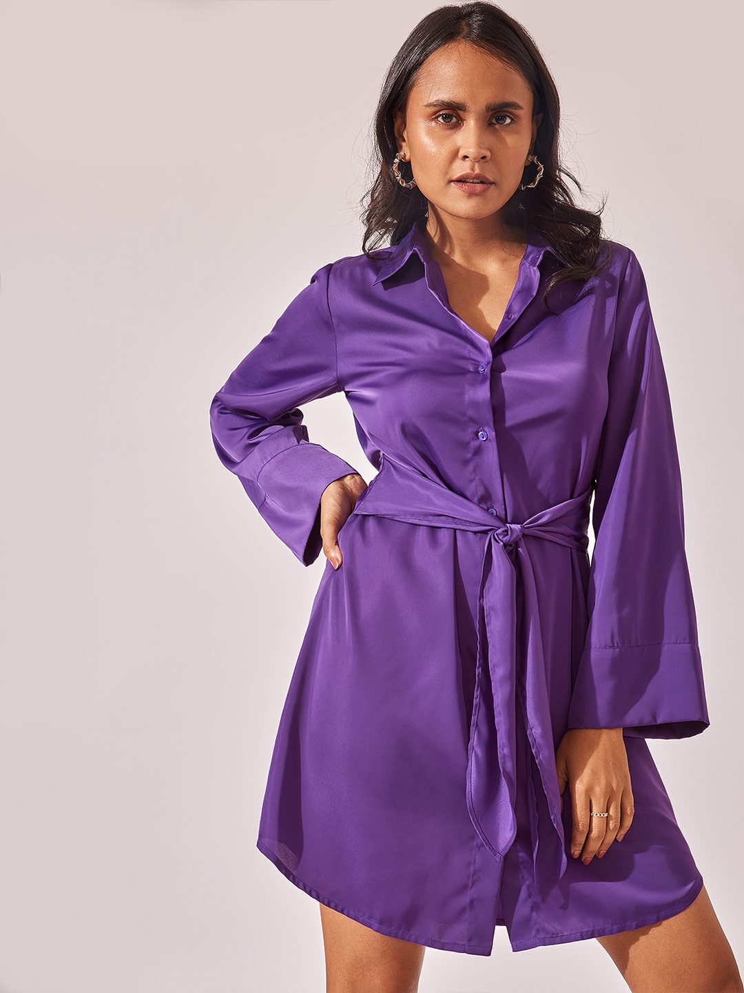 

The Label Life Shirt Collar Satin Shirt Dress, Purple