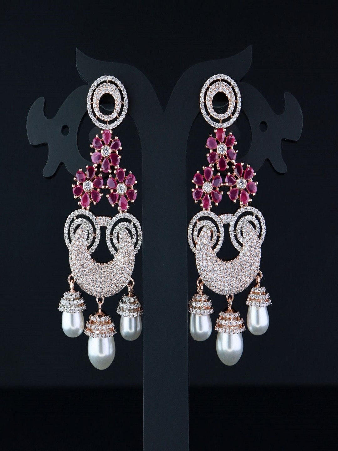 

I Jewels Rose Gold-Plated AD Stone studded Contemporary Drop Earrings, Pink