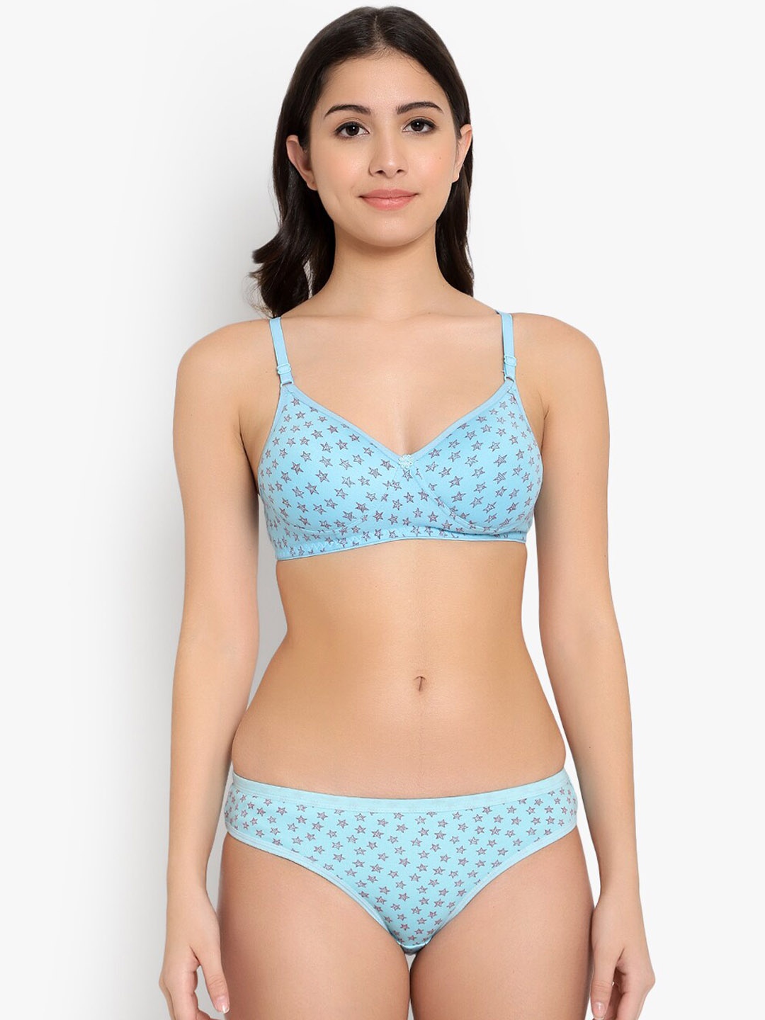

KYODO Star Printed Lightly Padded Cotton Lingerie Set, Sea green