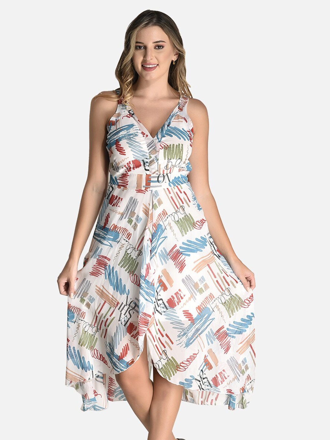 

StyFun Sleeveless Abstract Printed Asymmetric Midi Dress, White