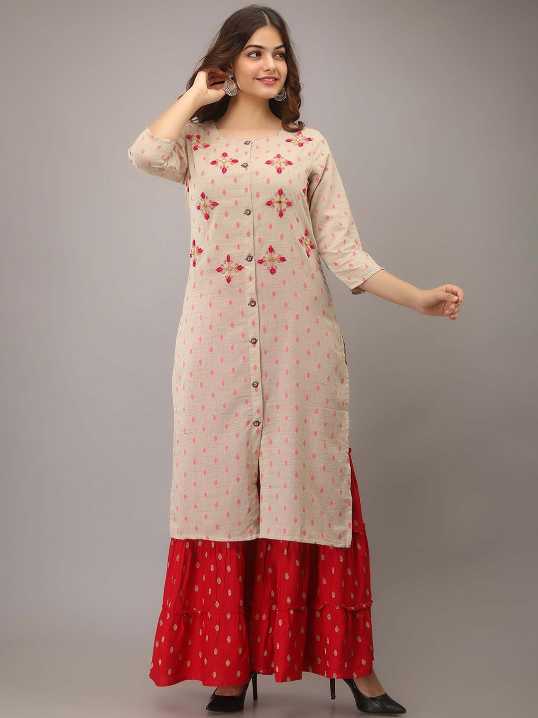 

Nehamta Embroidered Mirror Work Pure Cotton Kurta With Sharara, Cream