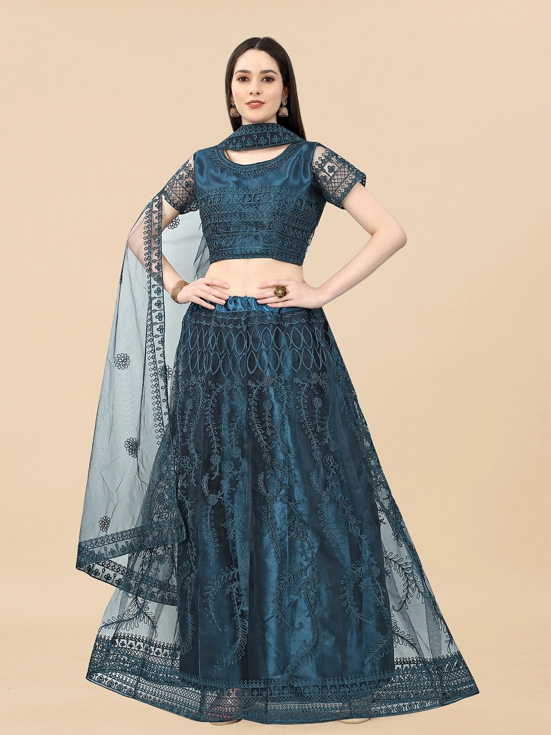 

APNISHA Embroidered Thread Work Semi-Stitched Lehenga & Unstitched Blouse With Dupatta, Teal