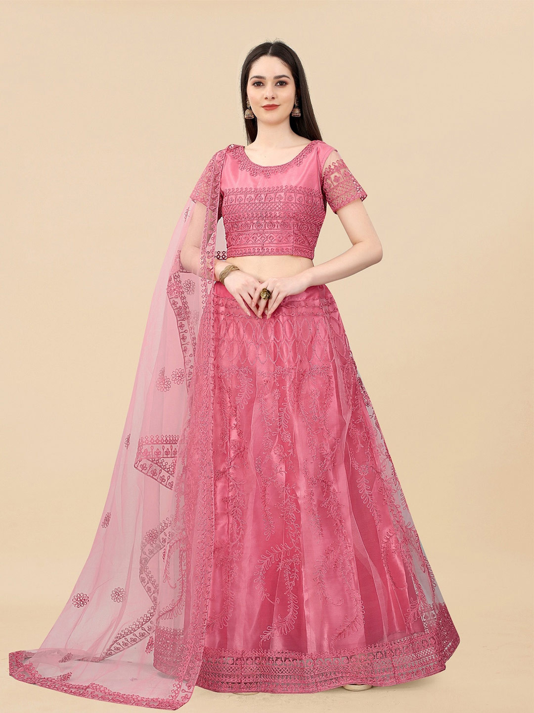 

APNISHA Embroidered Thread Work Semi-Stitched Lehenga & Unstitched Blouse With Dupatta, Peach