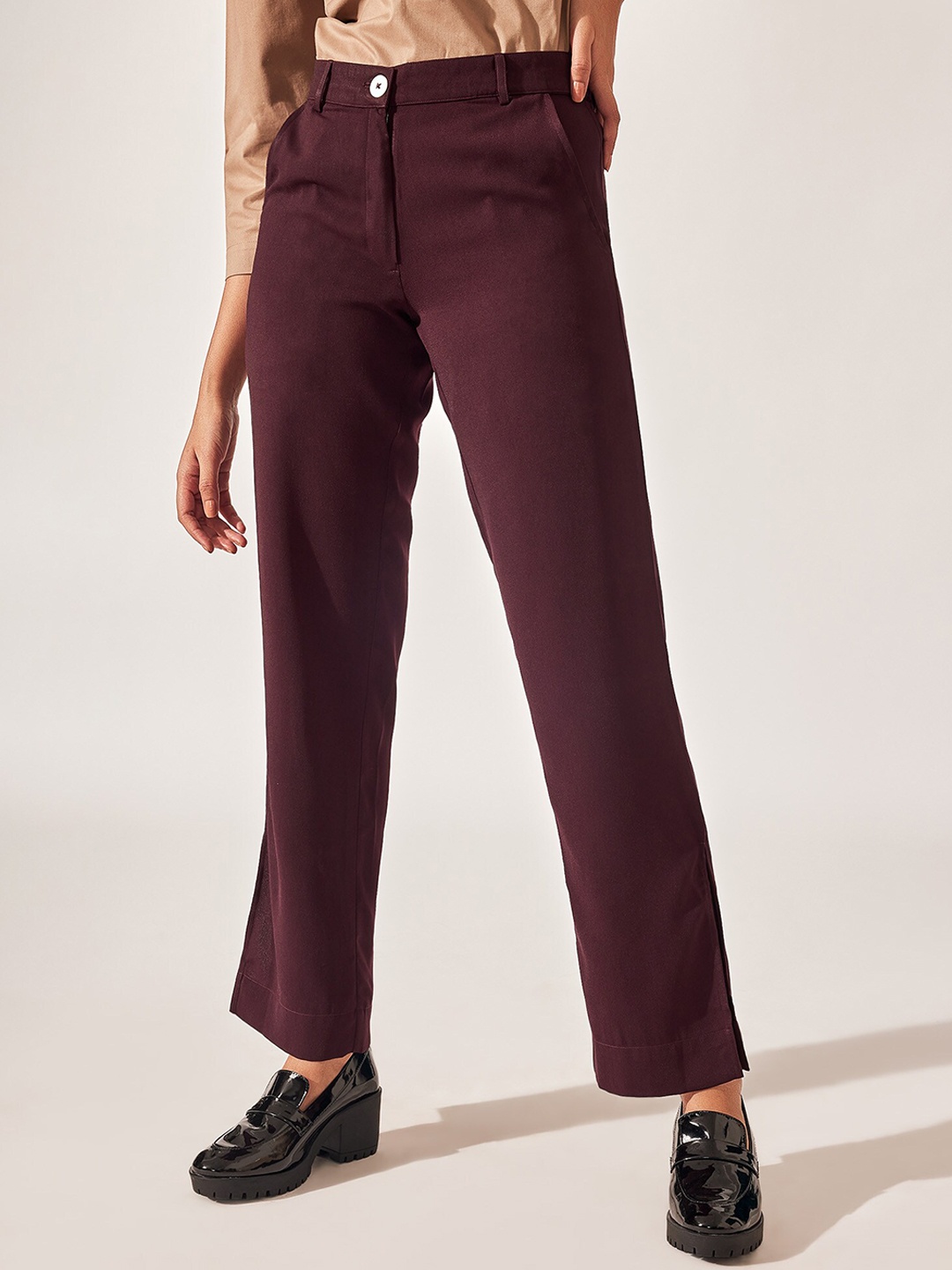 

The Label Life Women Straight Fit Slip On Trousers, Maroon