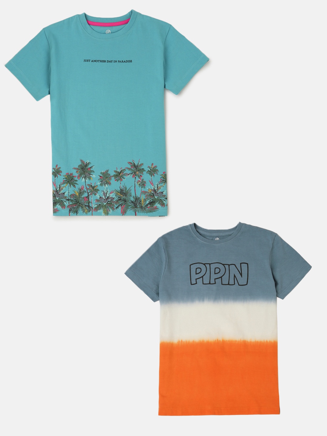 

PIPIN Boys Pack of 2 Printed Round Neck Cotton T-shirt, Blue