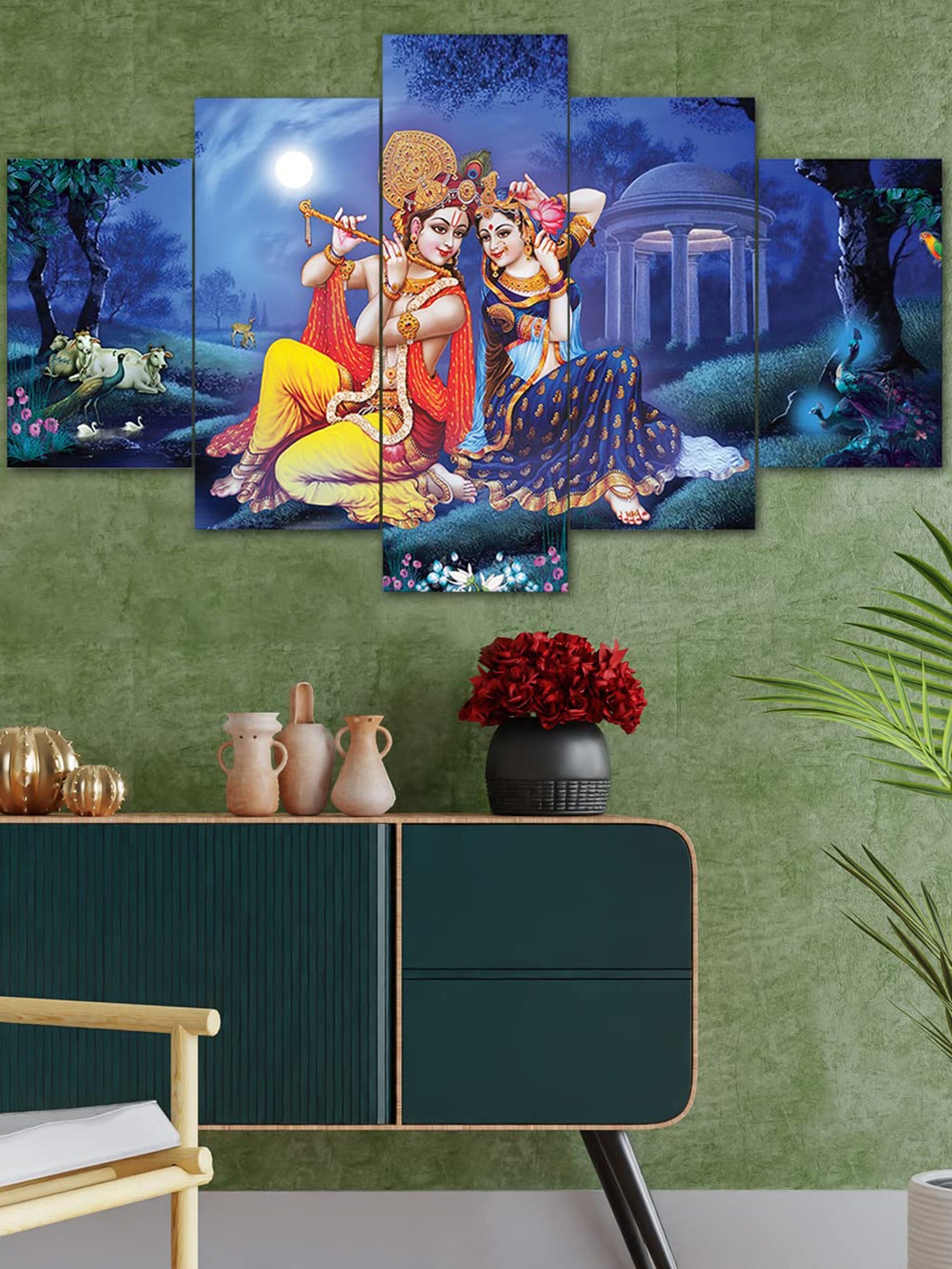 

Perpetual Set Of 5 Radha Krishna Wall Paintings, Blue