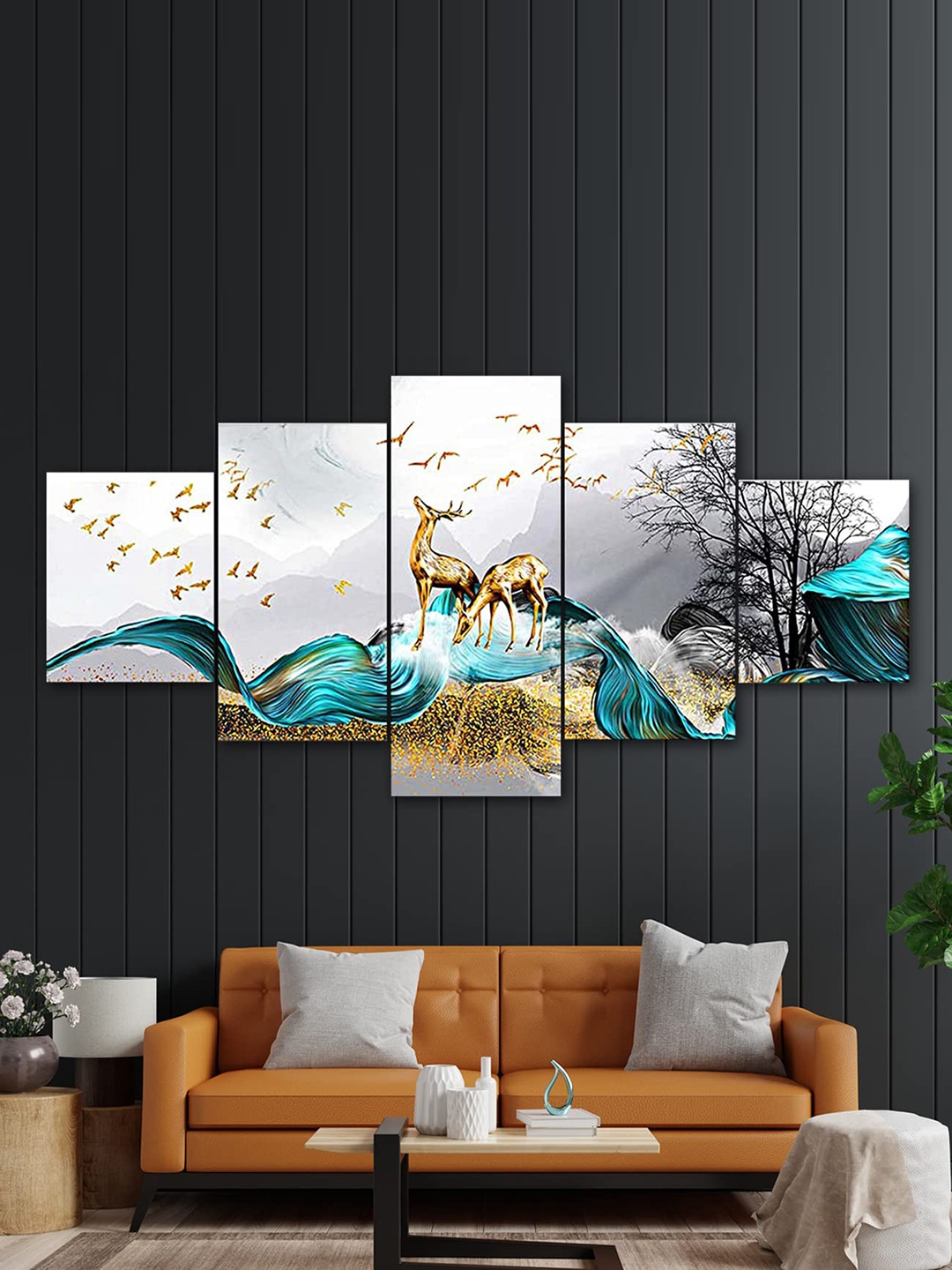 

Perpetual Multicolored Set Of 5 Deer Painting 3d Scenery Wall Art, Multi
