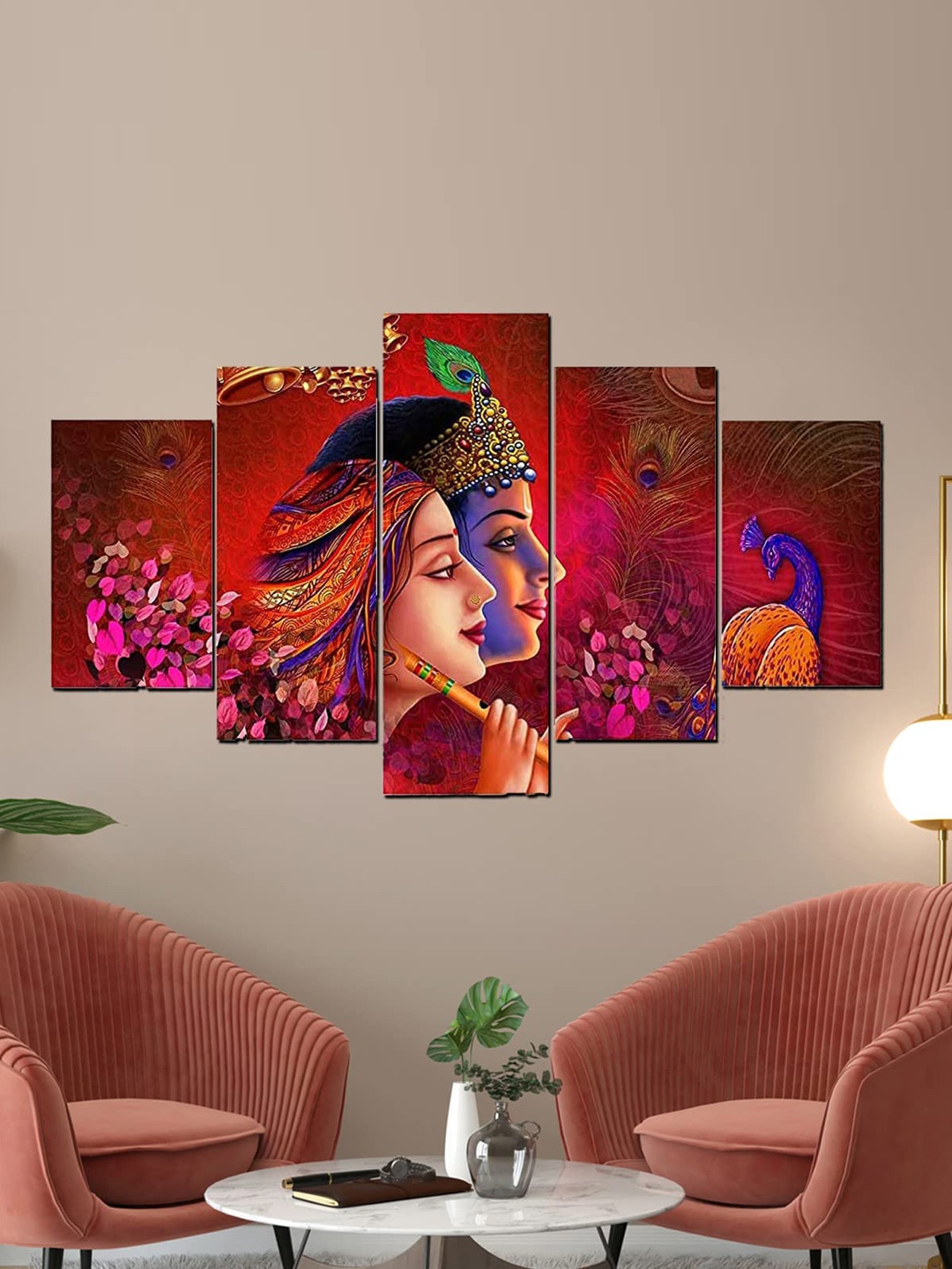 

Perpetual Red & Pink 5 Pcs 3D Radha Krishna Painting Wall Art
