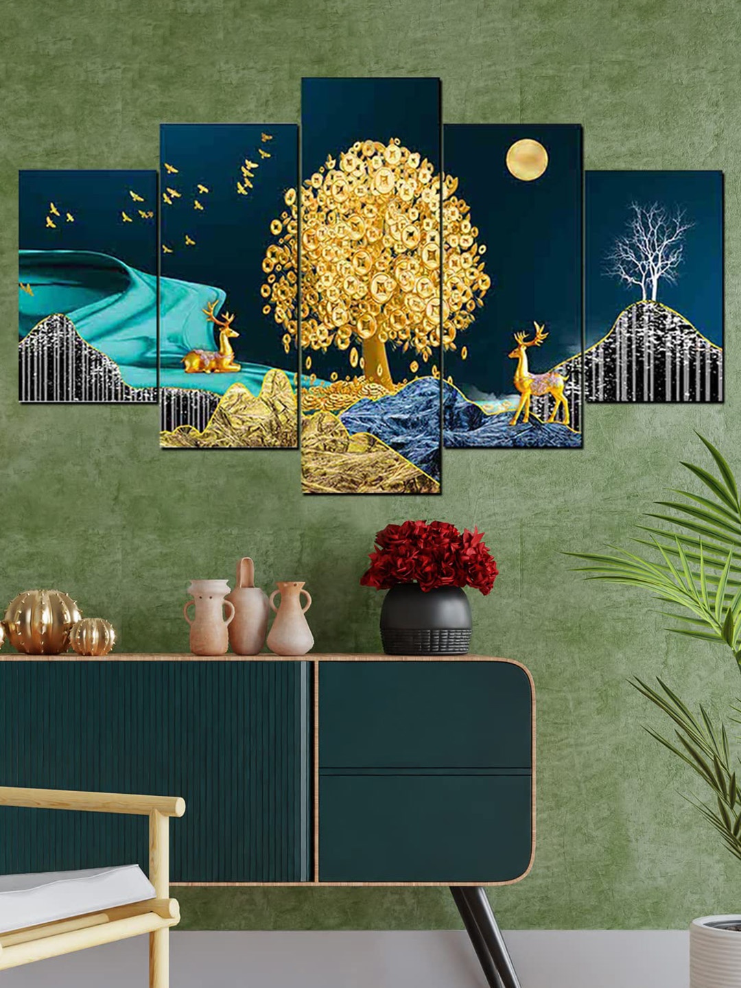 

Perpetual Multicolored Set Of 5 Deer Painting 3d Scenery Wall Art, Multi