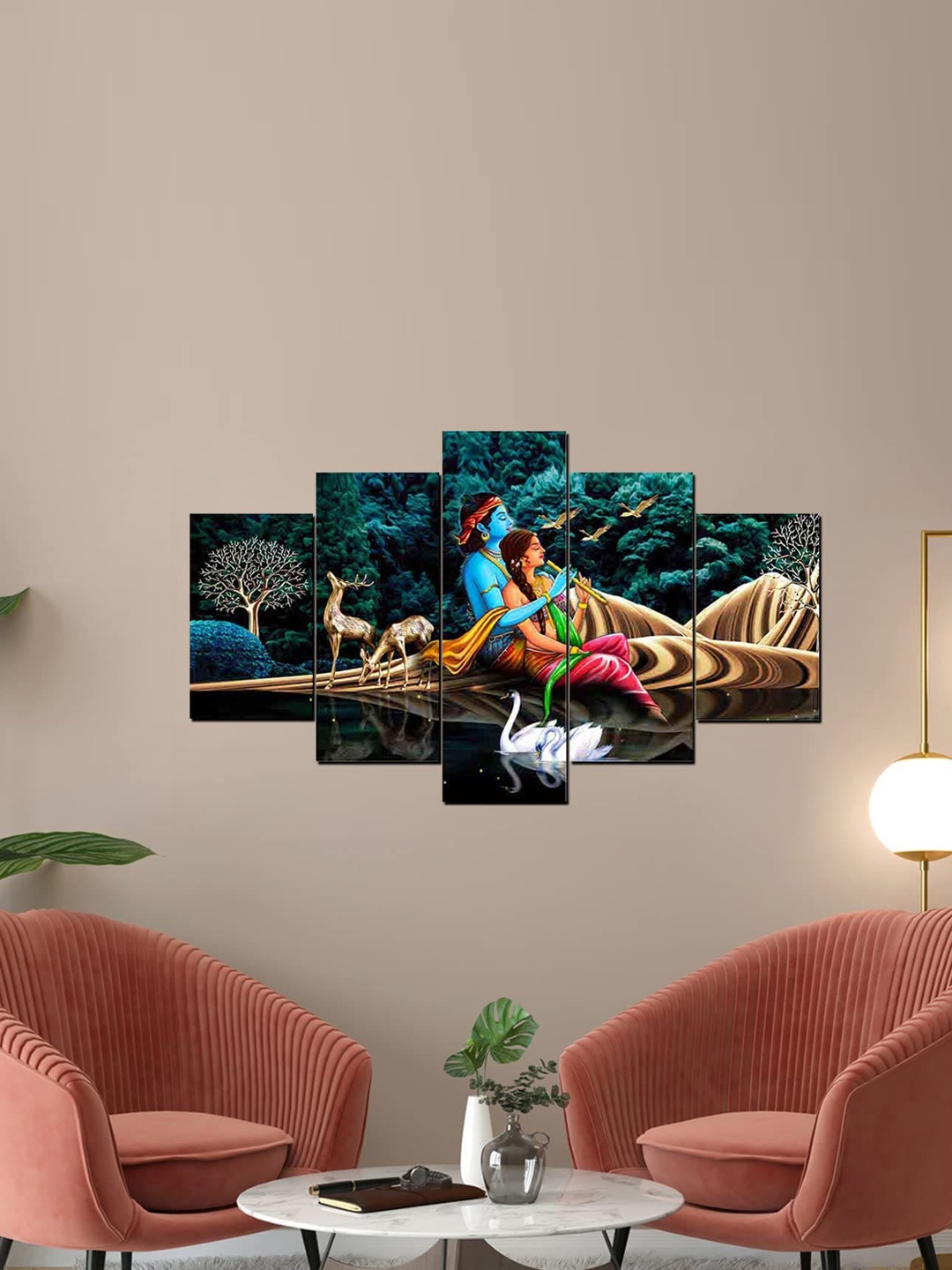 

Perpetual Set Of 5 Blue and Green Radha Krishna Wall Paintings