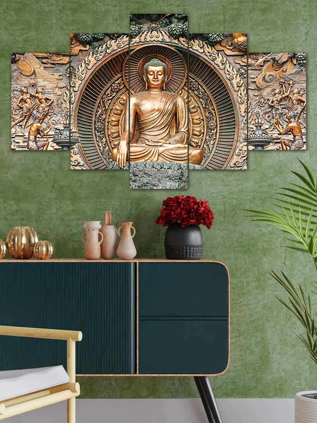 

Perpetual Gold Toned & Grey 5 Pcs 3D Buddha Painting Wall Art