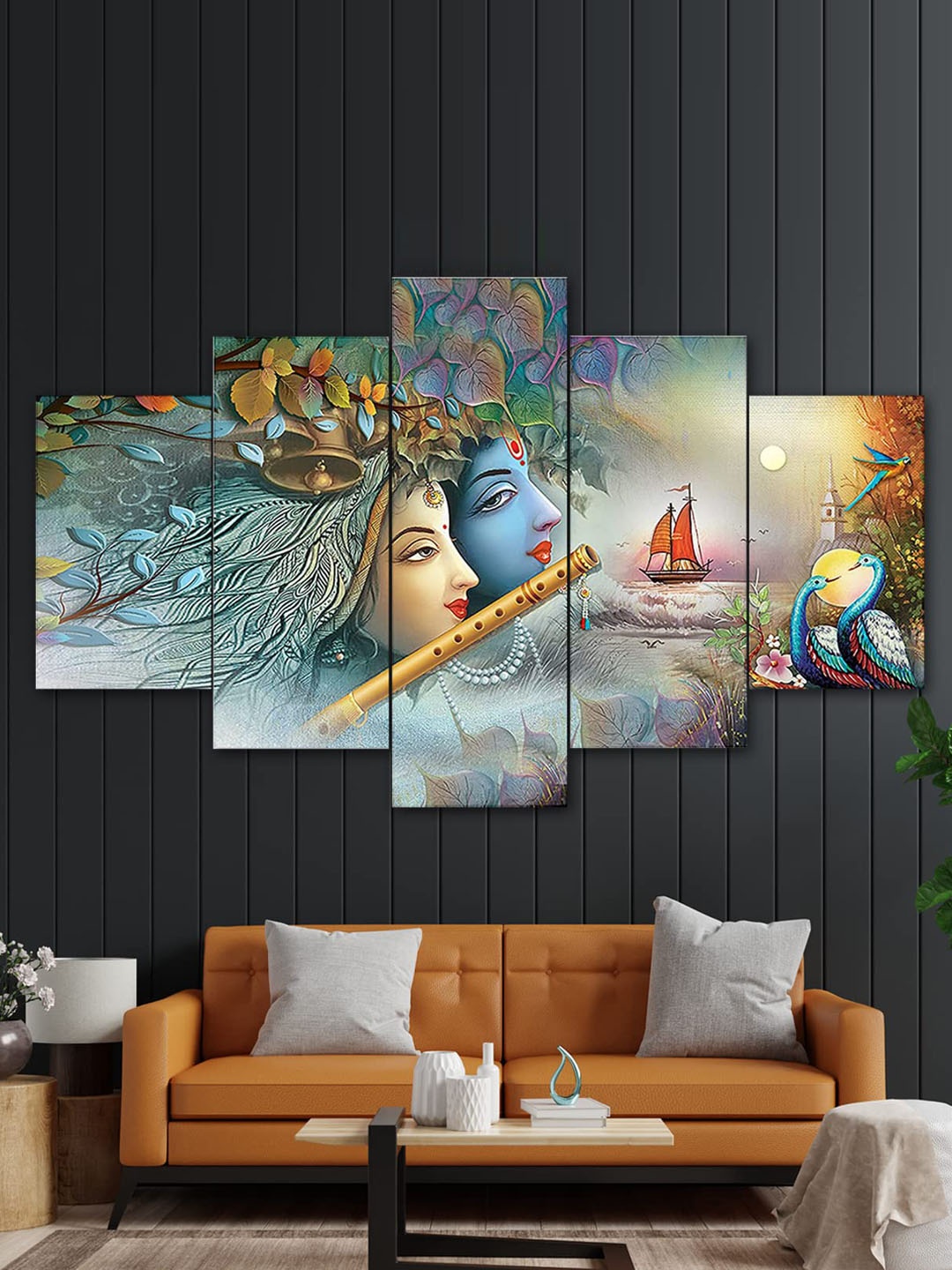 

Perpetual Set Of 5 Blue and GreenRadha Krishna Wall Paintings