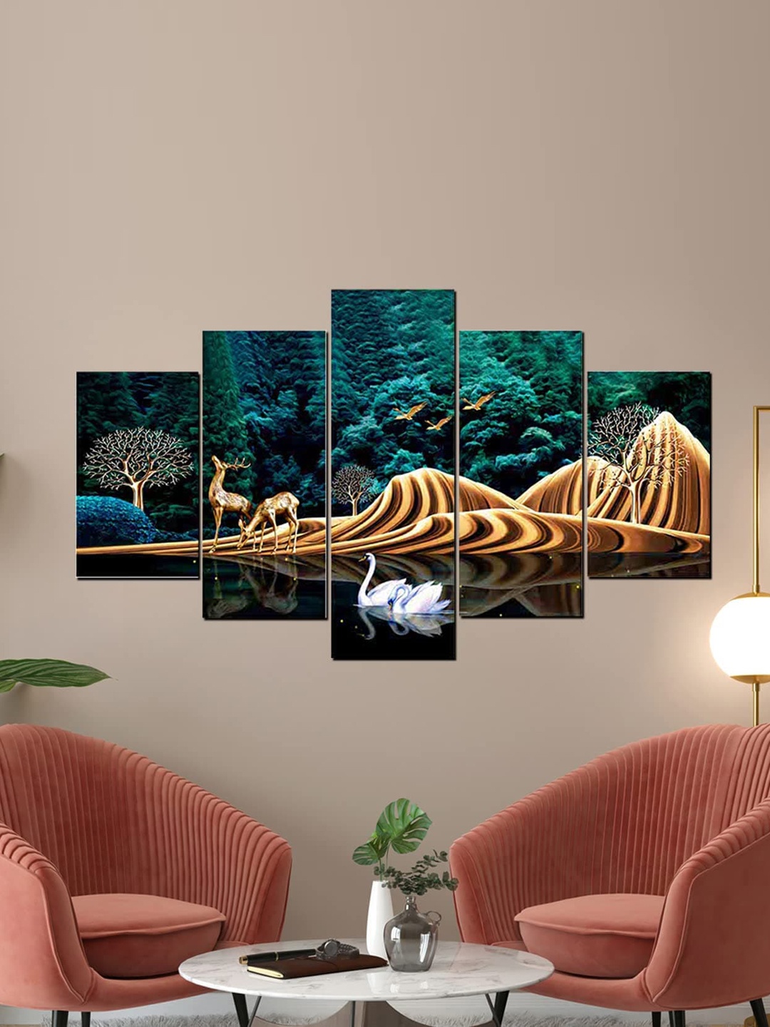 

Perpetual Gold Toned & Blue 5 Pcs Deer Painting Wall Art