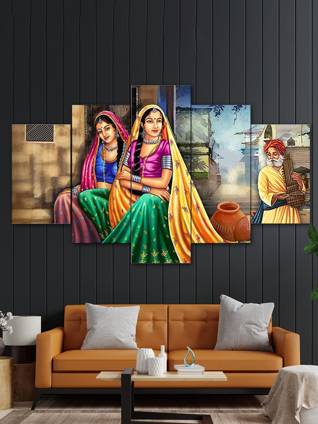 

Perpetual Multicolored Set Of 5 Rajasthani Village Painting 3d Scenery Wall Art, Multi