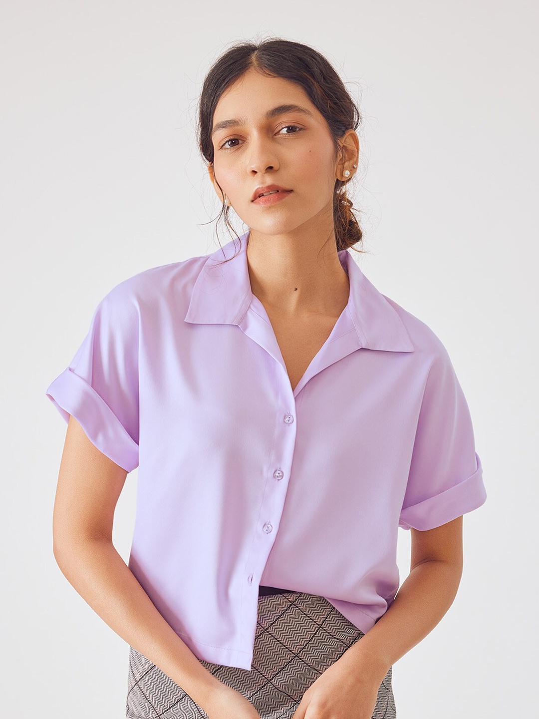 

The Label Life Lilac Satin Solid Lapel Collar Shirt, Lavender