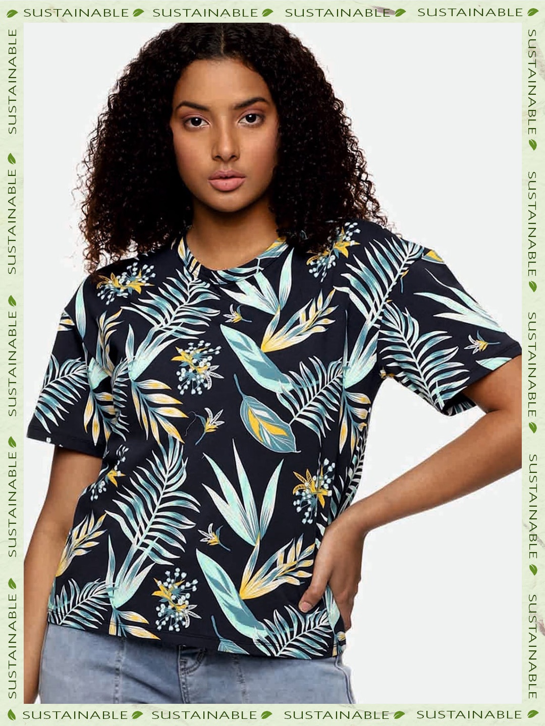 

HERE&NOW Floral Printed Drop-Shoulder Sleeves T-shirt, Blue