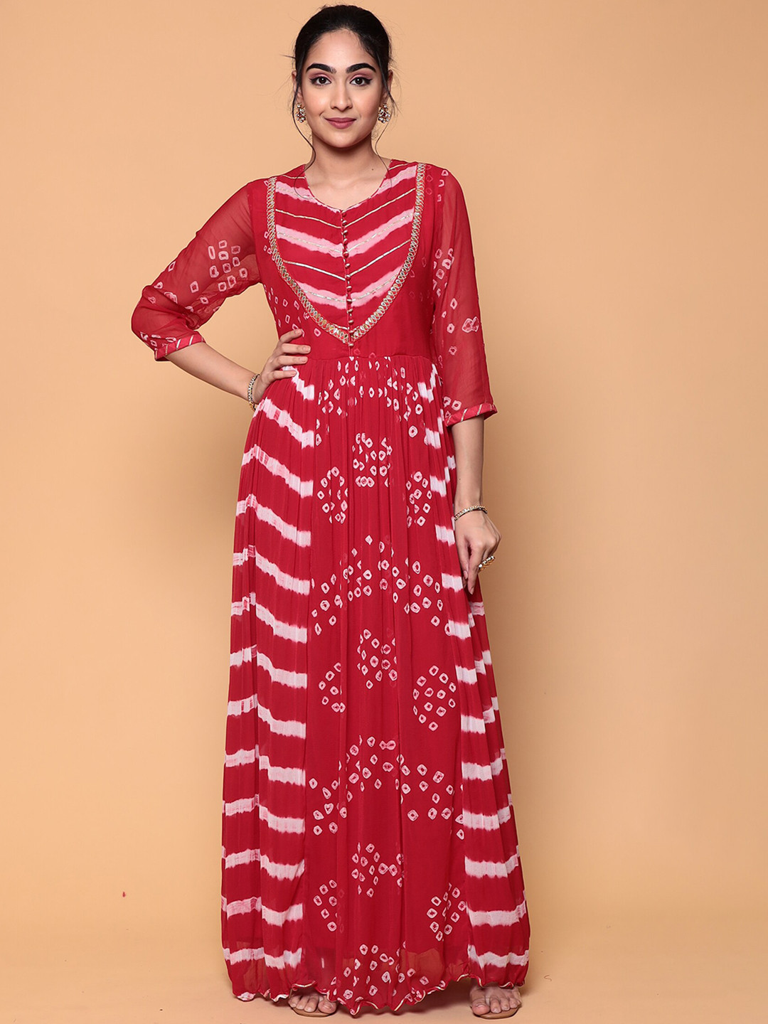 

ZARI Women Ethnic Motifs Bandhani Printed Georgette Maxi Ethnic Dress, Red