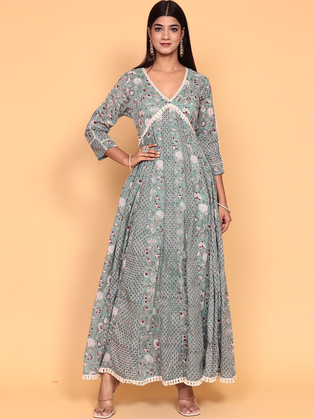 

ZARI Printed V Neck Ankle Length Pure Cotton Anarkali Kurta, Green