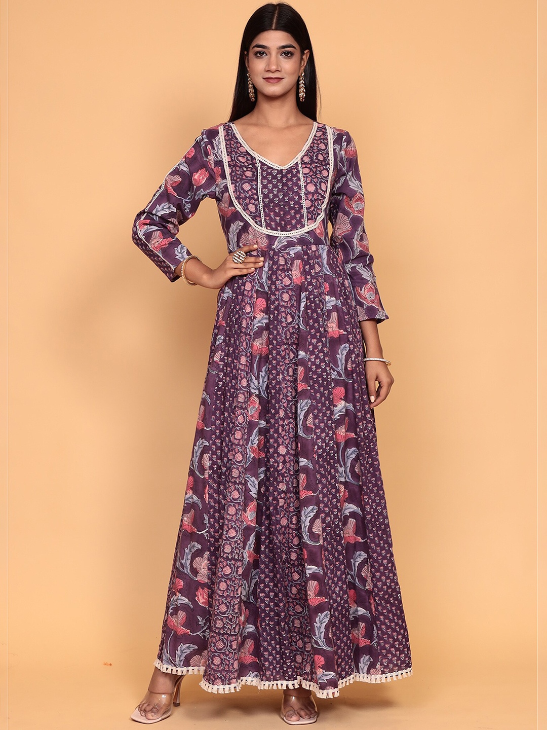 

ZARI Floral Printed V Neck Ankle Length Pure Cotton Anarkali Kurta, Purple