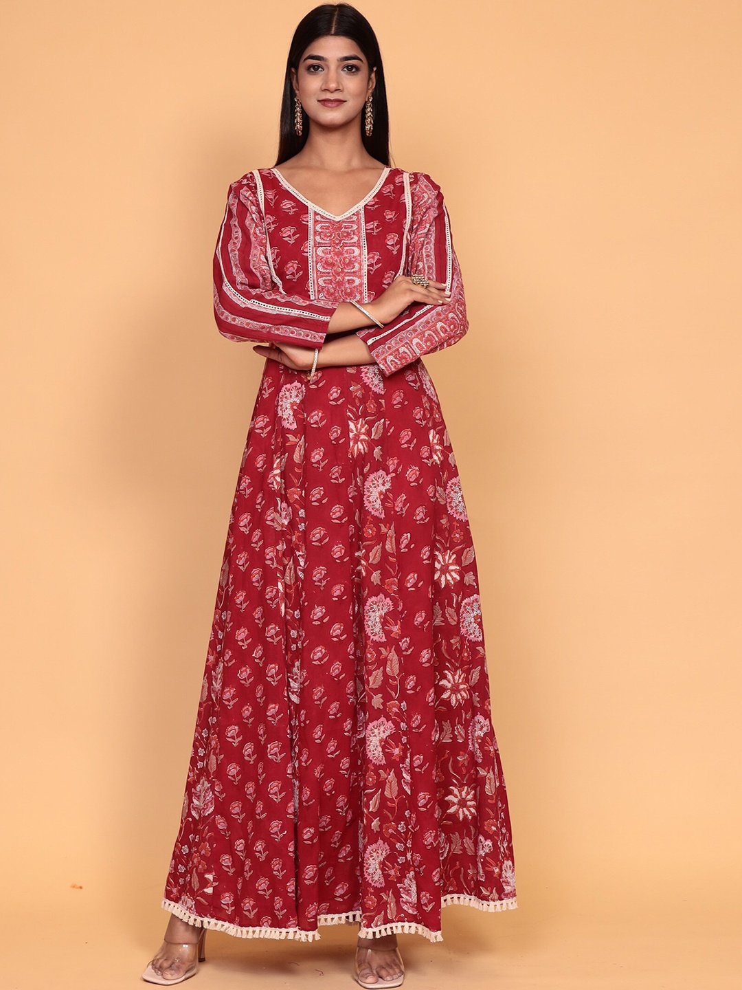 

ZARI Floral Printed V Neck Ankle Length Pure Cotton Anarkali Kurta, Red