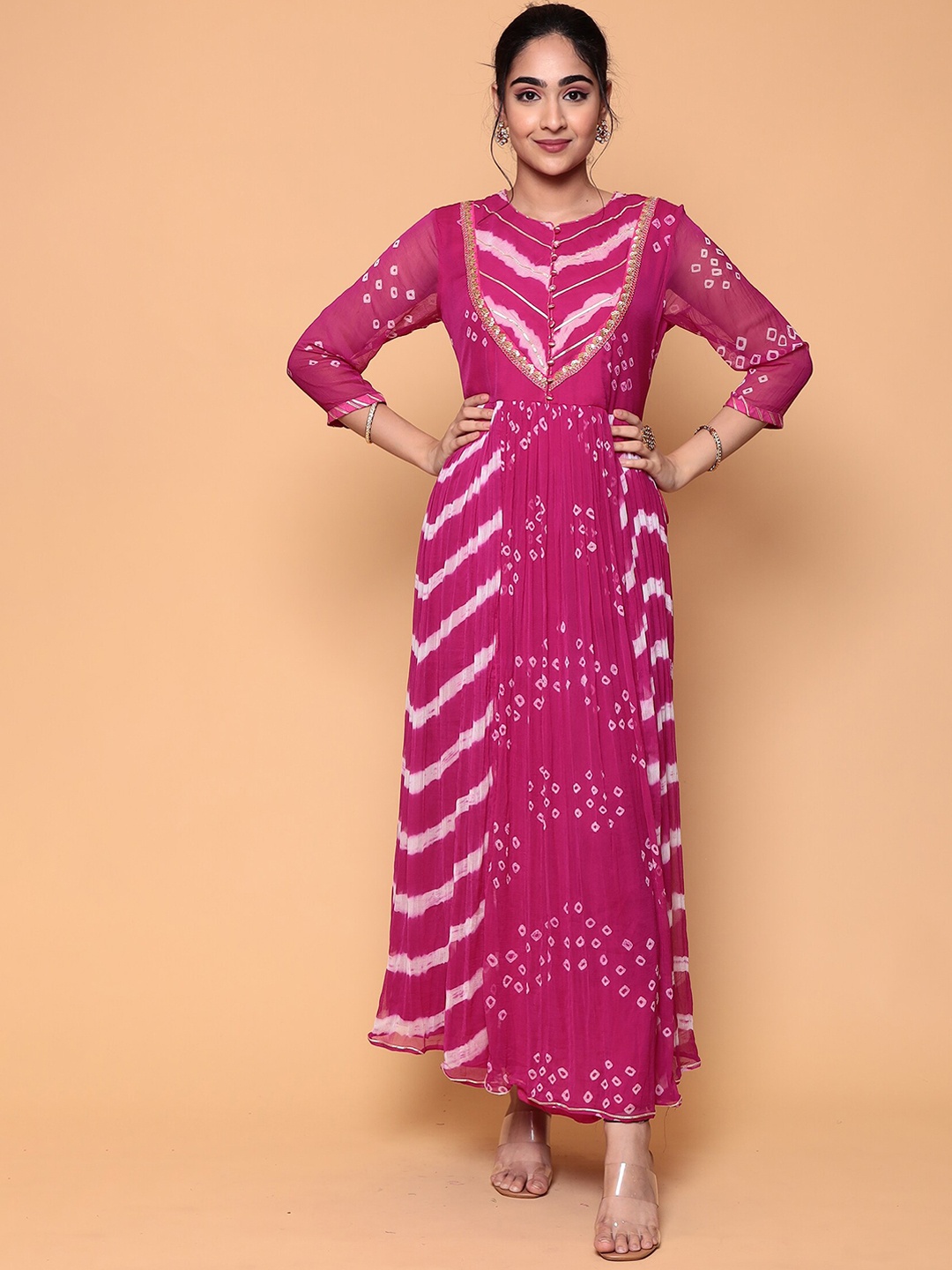 

ZARI Printed Chevron Round Neck Gotta Patti A-Line Kurta, Pink