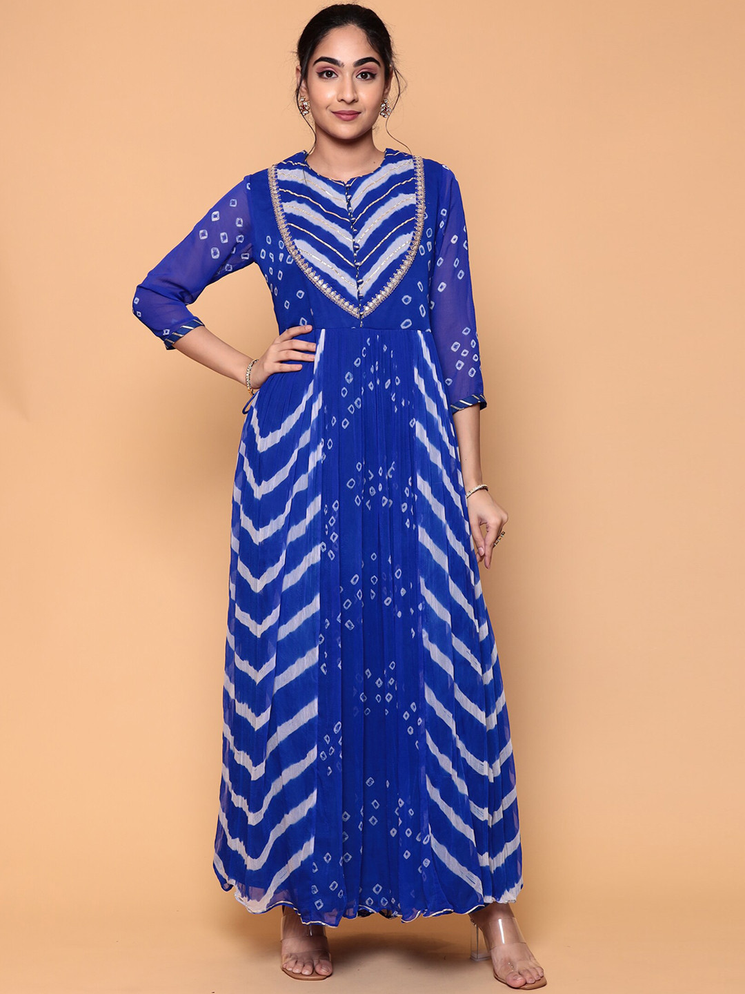 

ZARI Printed Chevron Round Neck Gotta Patti A-Line Kurta, Blue