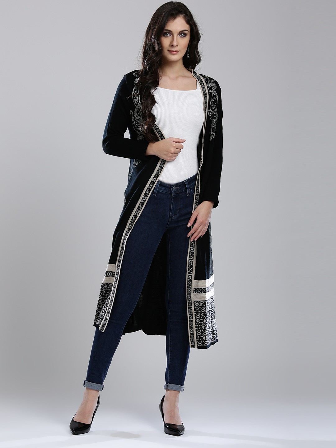 

W Women Black & Beige Longline Front-Open
