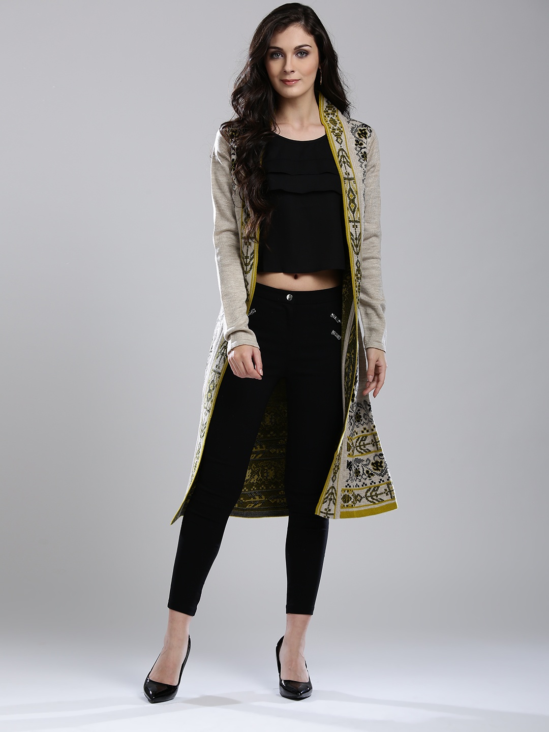 

W Women Beige & Black Self-Design Longline Front Open Cardigan