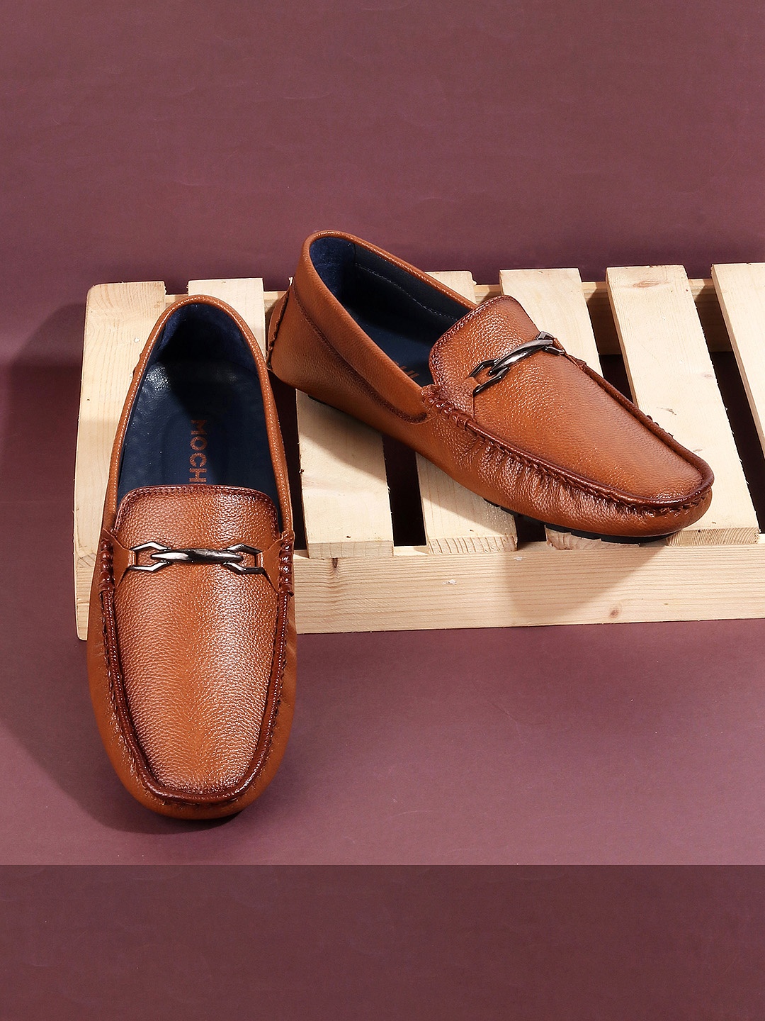 

Mochi Men Textured Leather Horsebit Loafers, Tan