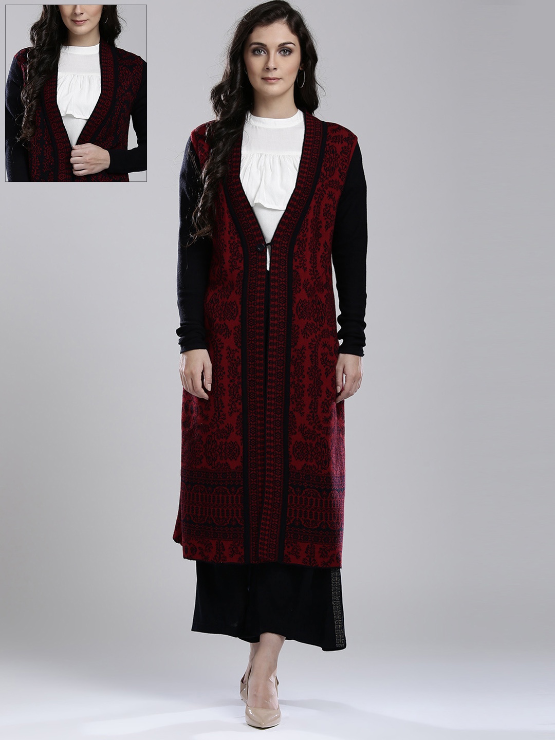 

W Women Navy Blue & Maroon Longline Cardigan