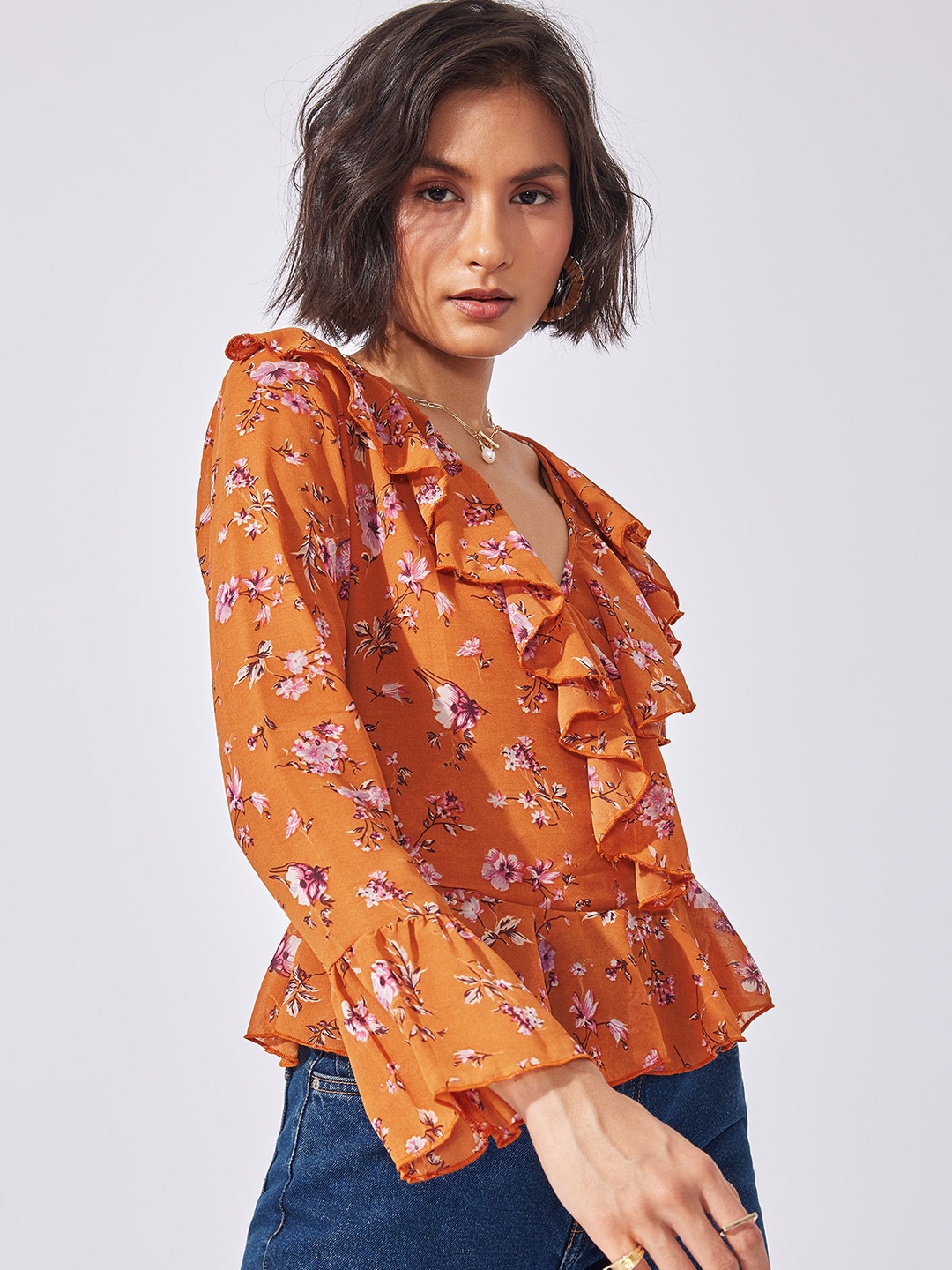 

The Label Life Floral Printed Bell Sleeves Ruffles Wrap Top, Rust
