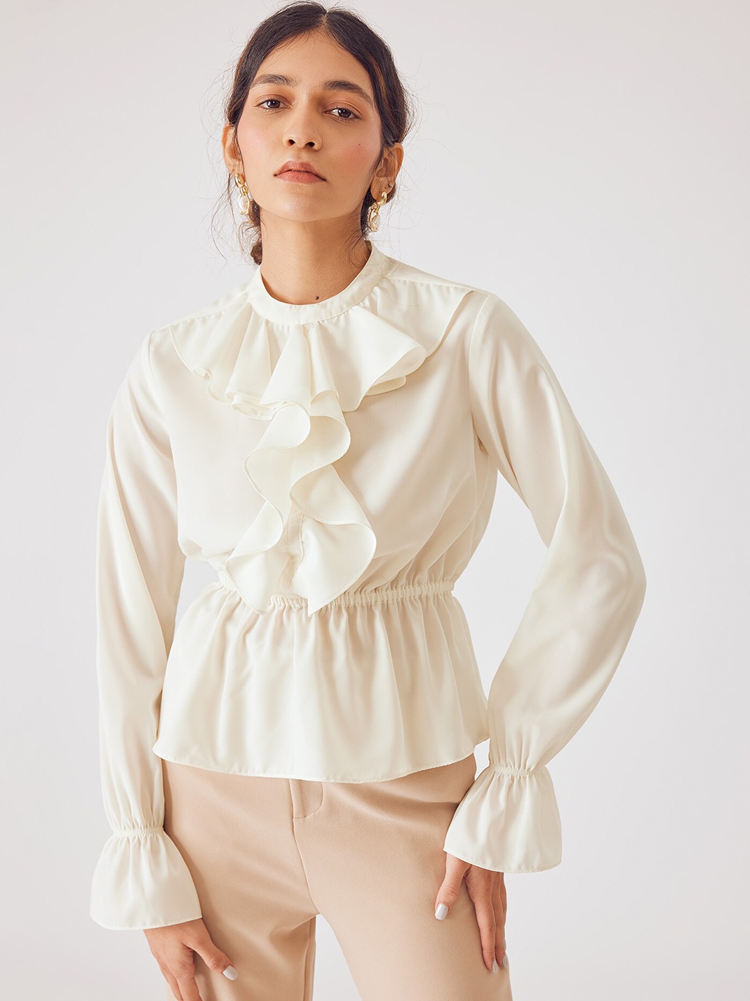 

The Label Life Bell Sleeves Ruffles Cinched Waist Top, White