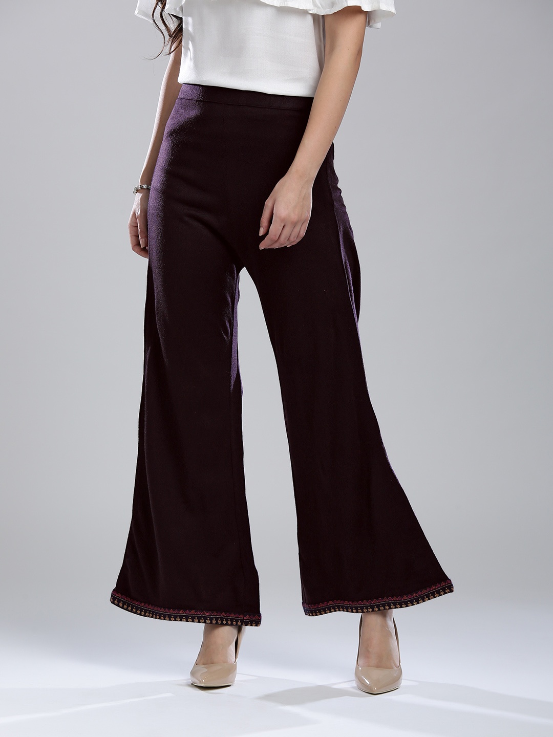 

W Women Aubergine Solid Wide Leg Palazzos, Purple