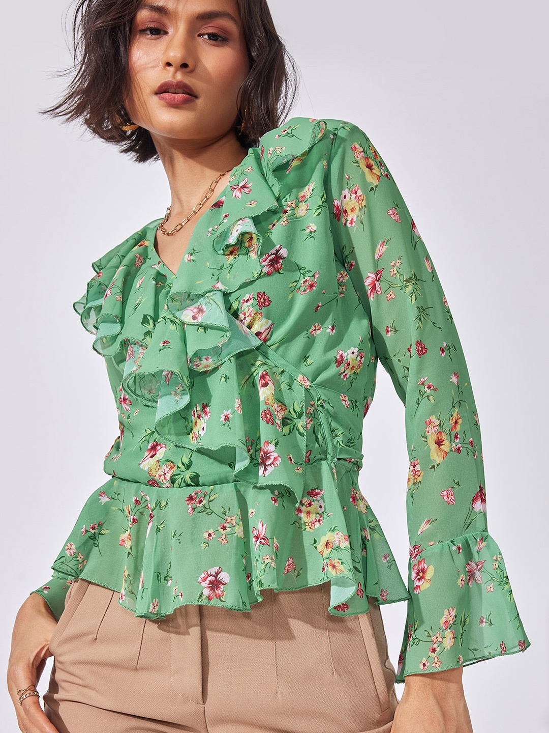 

The Label Life Floral Printed Bell Sleeves Ruffles Wrap Top, Green