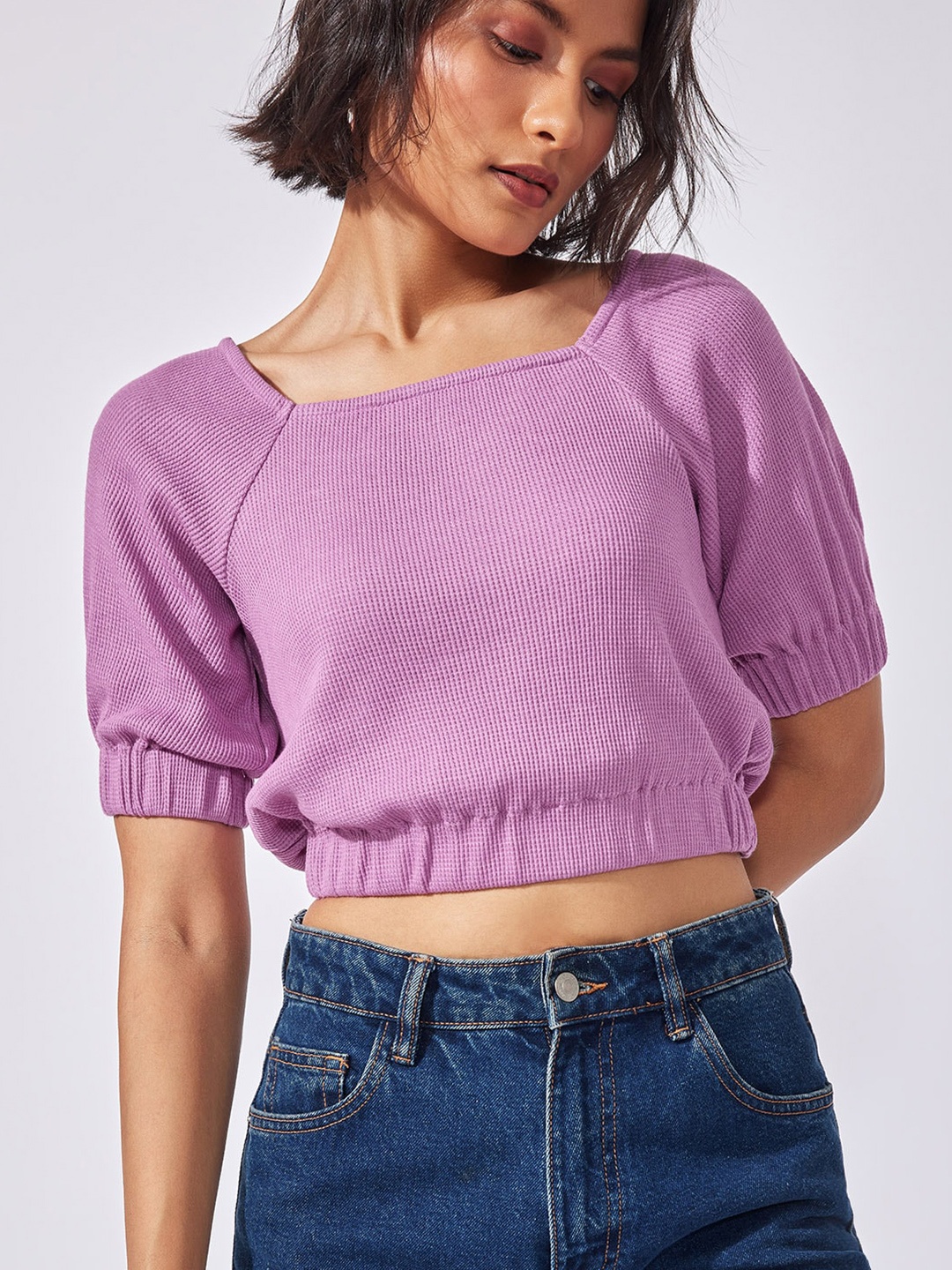 

The Label Life Self Design Puff Sleeves Crop Top, Lavender