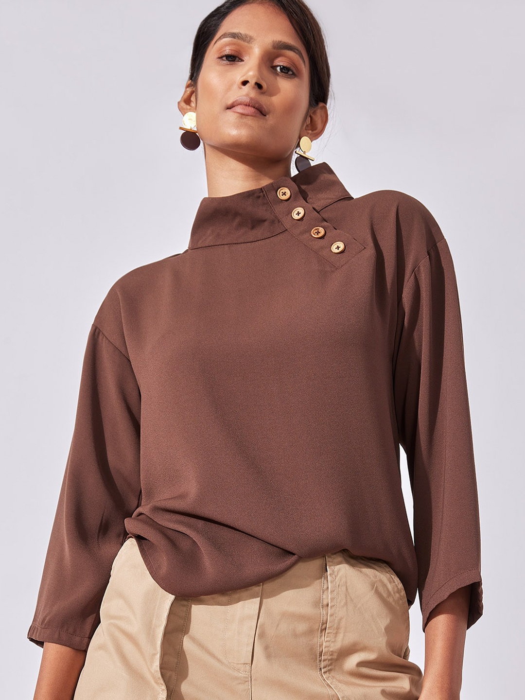

The Label Life High Neck Drop-shoulder Sleeves Cotton Top, Brown
