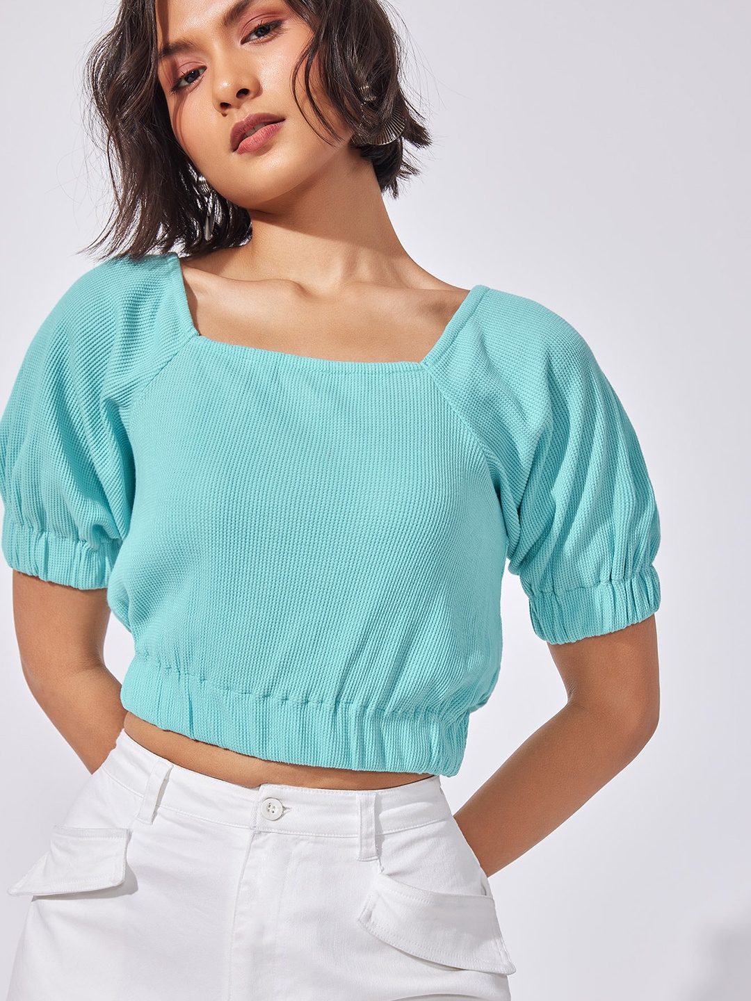 

The Label Life Puff Sleeves Crop Top, Turquoise blue