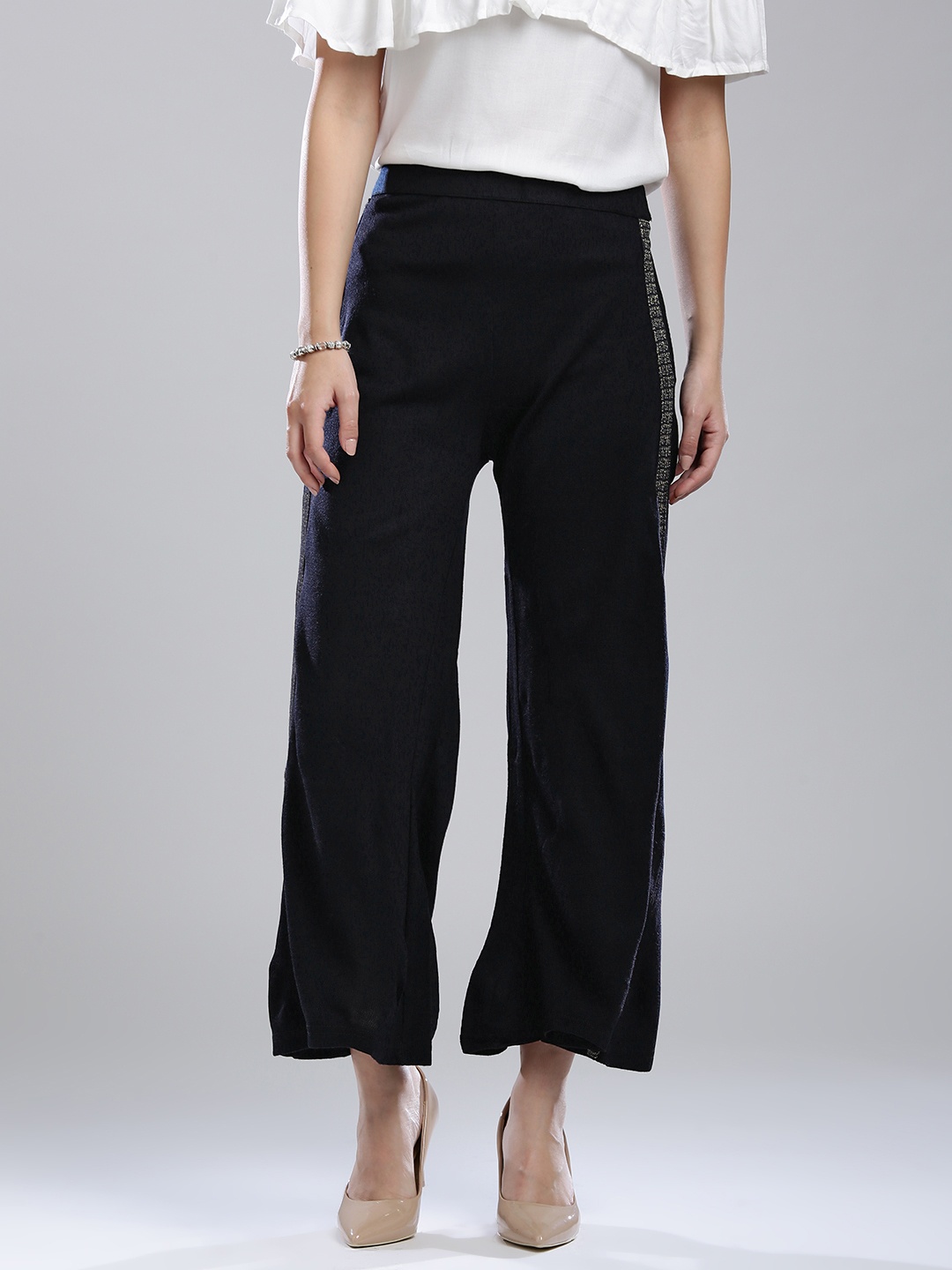

W Women Navy Solid Wide Leg Palazzos, Navy blue