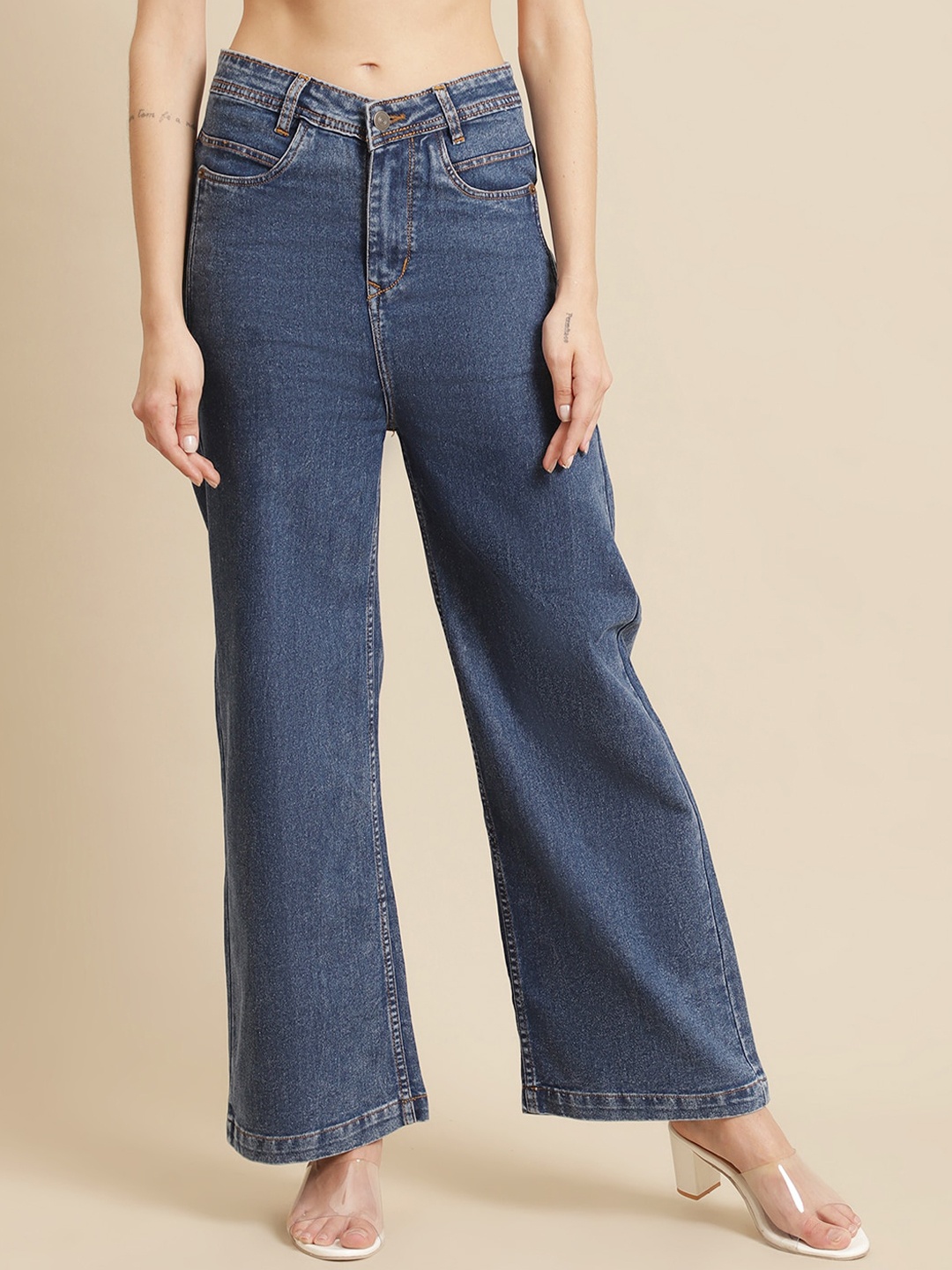 

urSense Women Wide Leg Mid-Rise Cotton Jeans, Blue