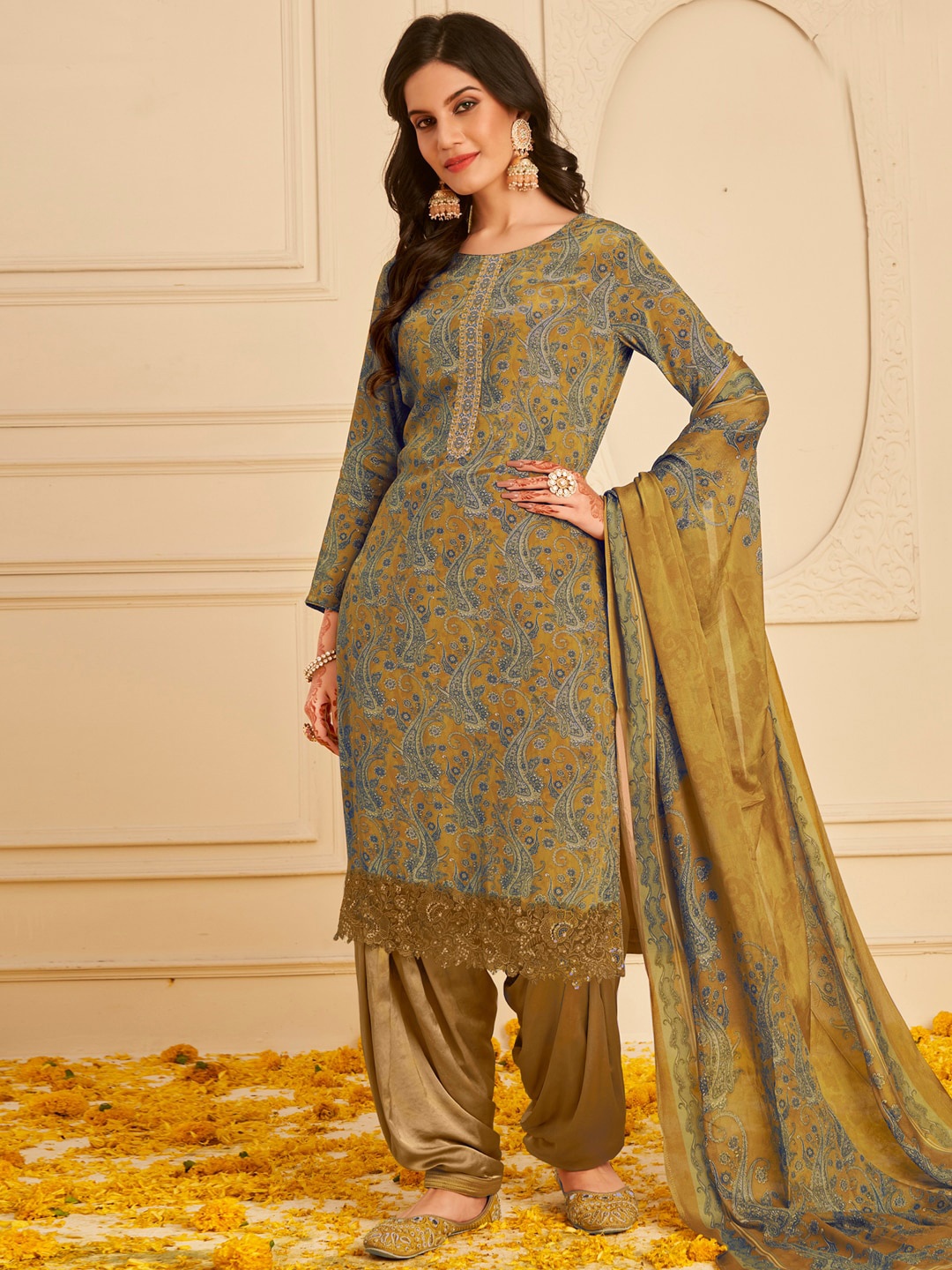

Stylee LIFESTYLE Printed Silk Crepe Unstitched Dress Material, Mustard