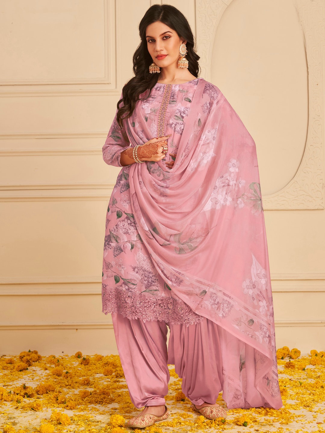 

Stylee LIFESTYLE Printed Silk Crepe Unstitched Dress Material, Pink