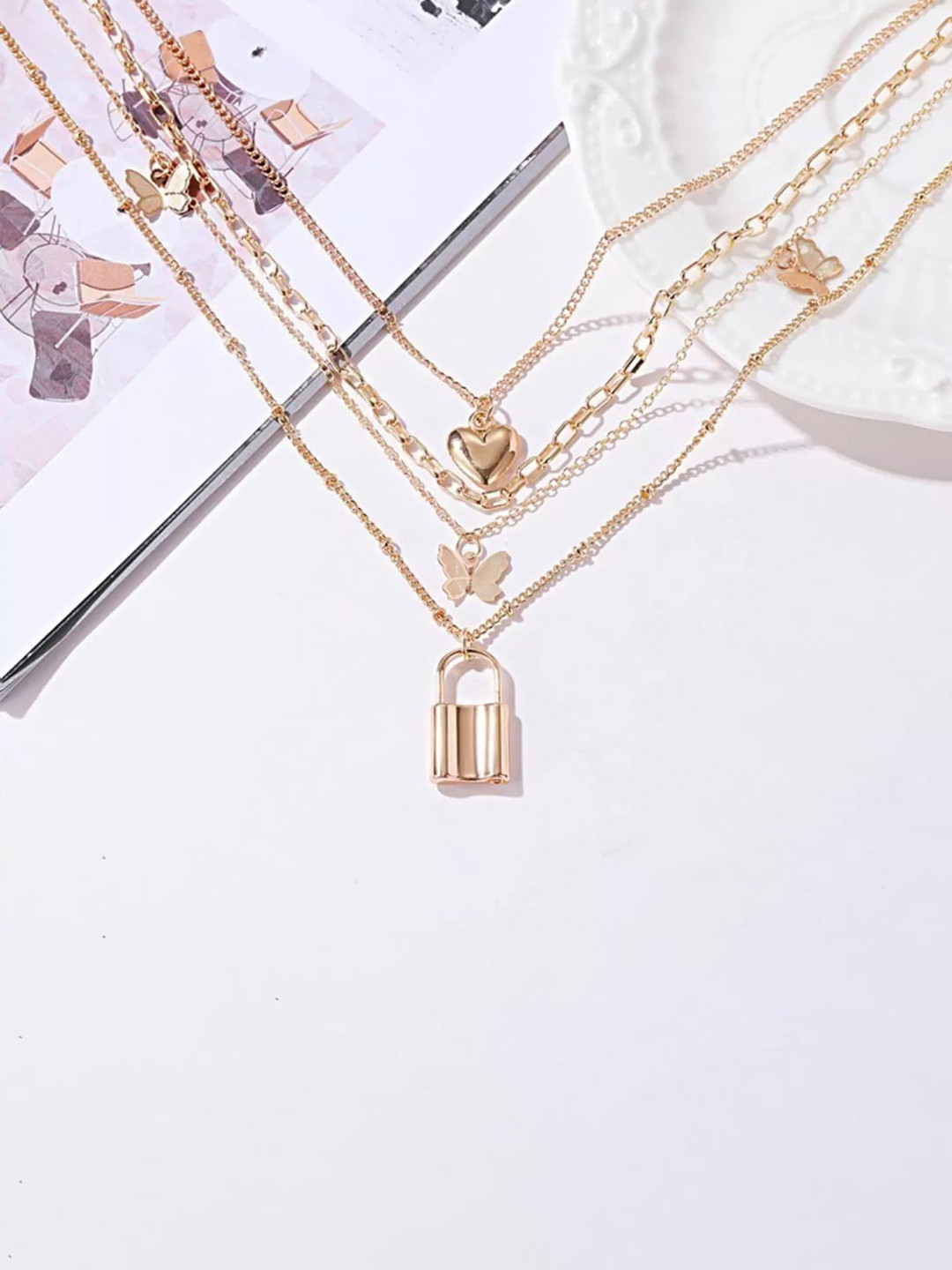 

Jewels Galaxy "Heart-Butterfly" Brass Gold-Plated Layered Statement Necklace